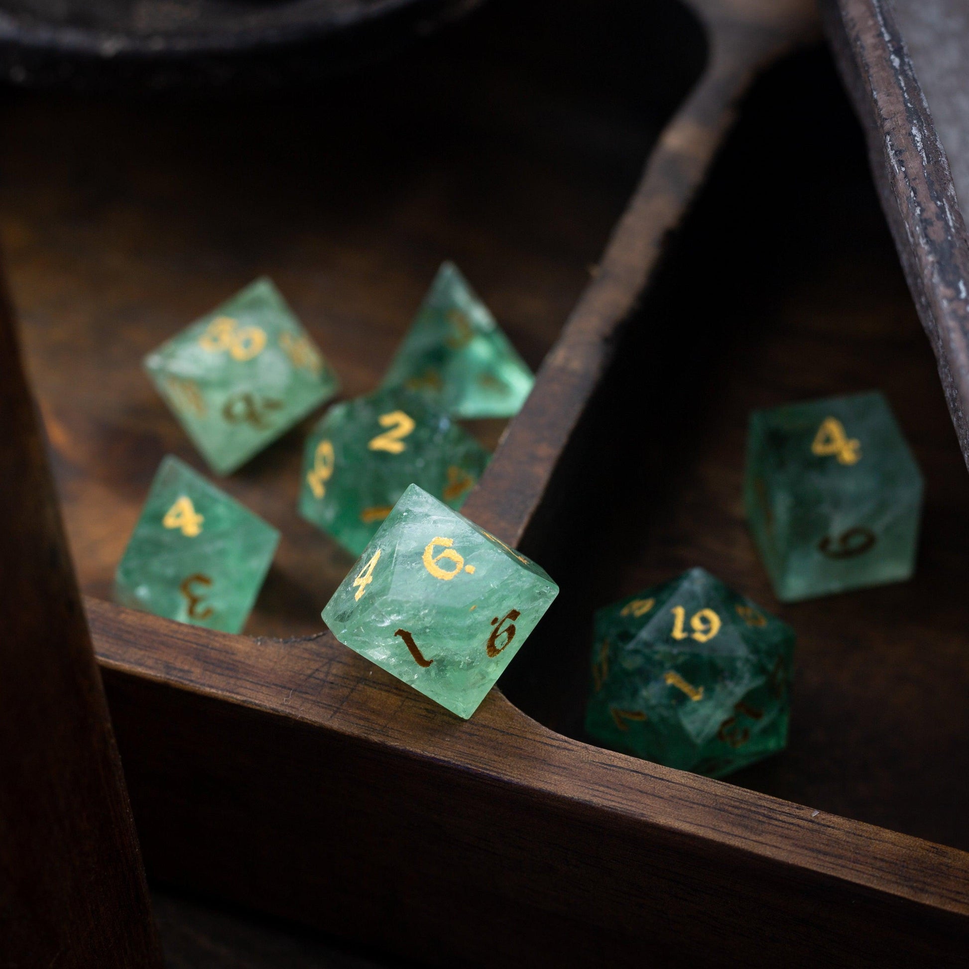 Green Fluorite Gemstone (Chlorophane) Hand Carved DND Dice Set Runic Dice