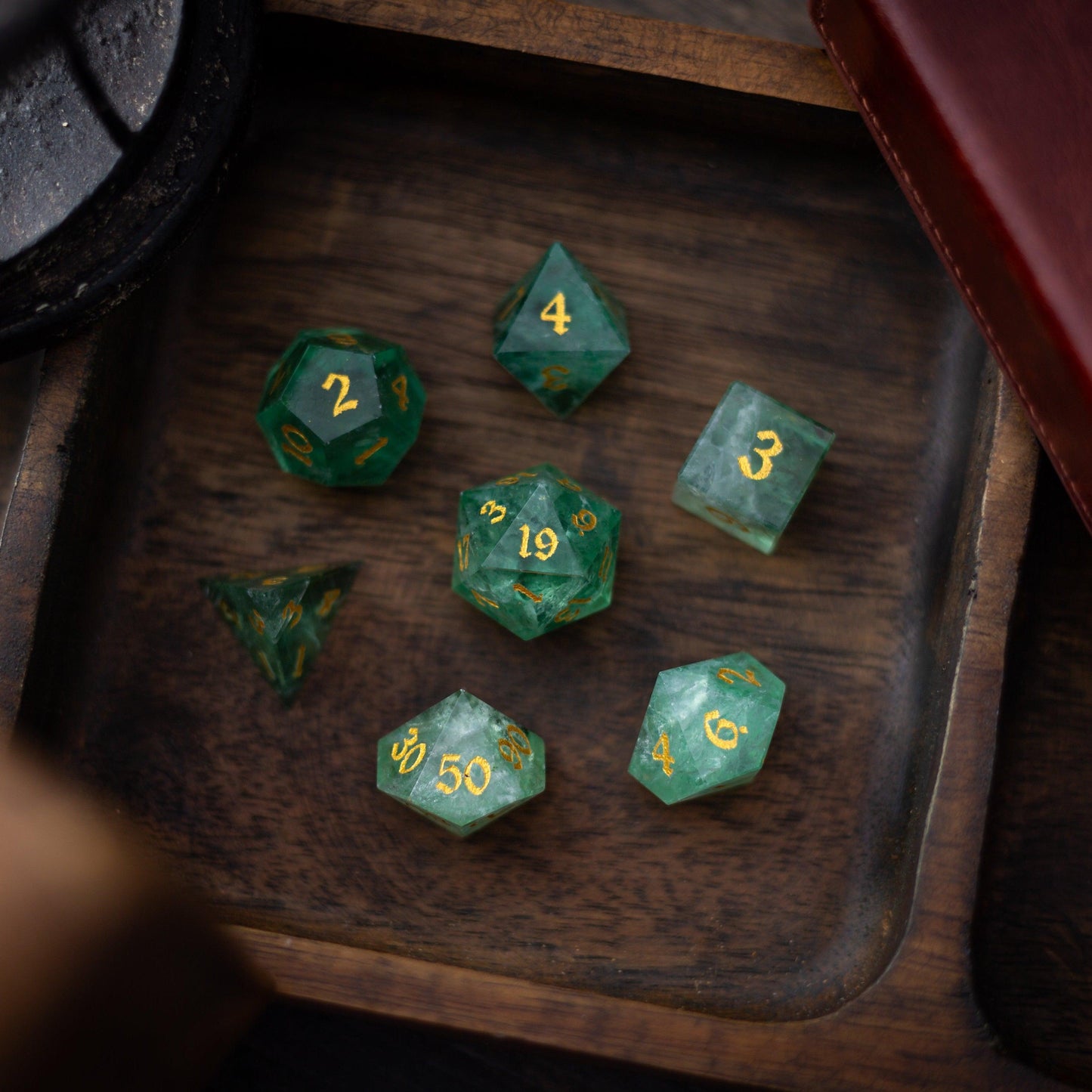 Green Fluorite Gemstone (Chlorophane) Hand Carved DND Dice Set Runic Dice