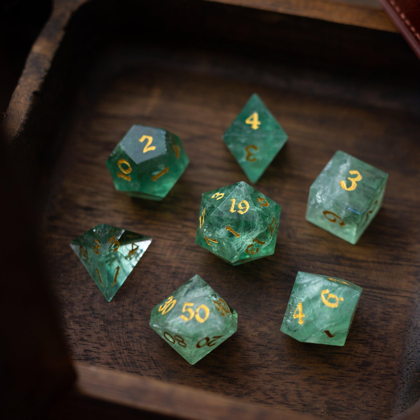 Green Fluorite Gemstone (Chlorophane) Hand Carved DND Dice Set Runic Dice