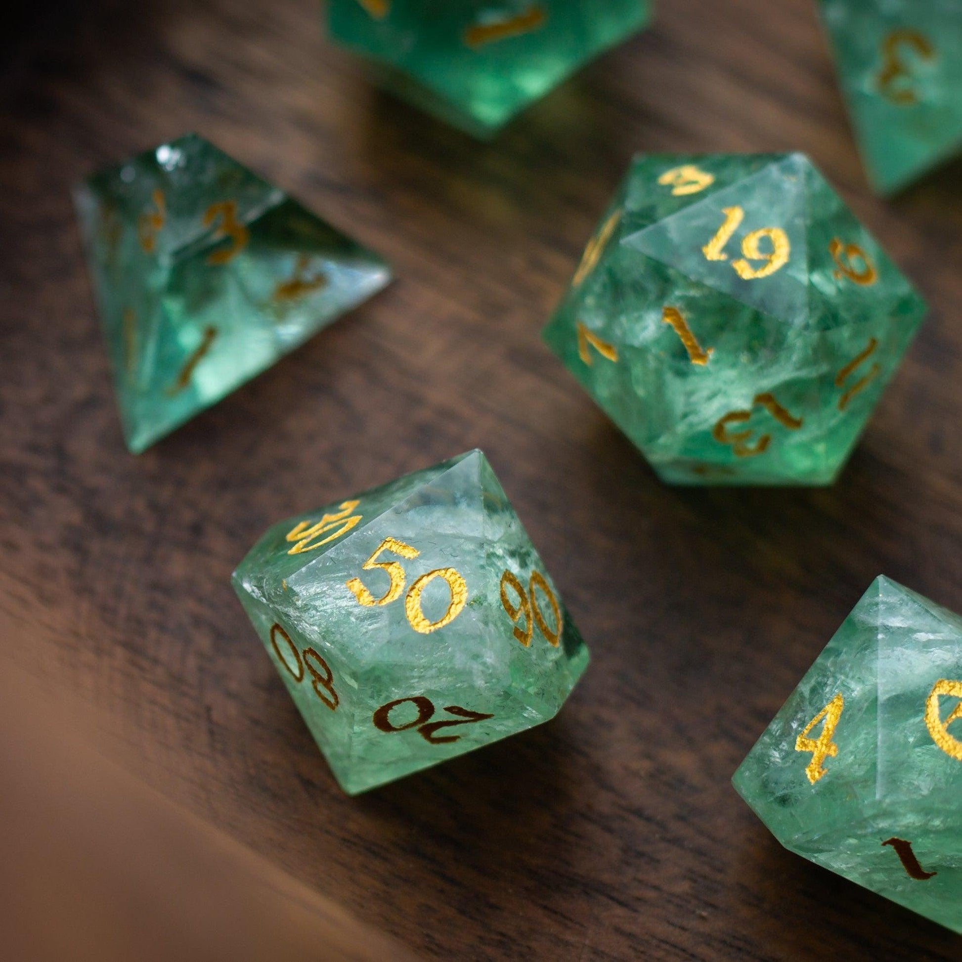 Green Fluorite Gemstone (Chlorophane) Hand Carved DND Dice Set Runic Dice
