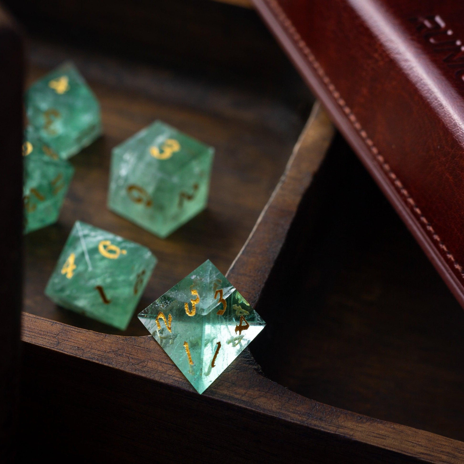 Green Fluorite Gemstone (Chlorophane) Hand Carved DND Dice Set Runic Dice