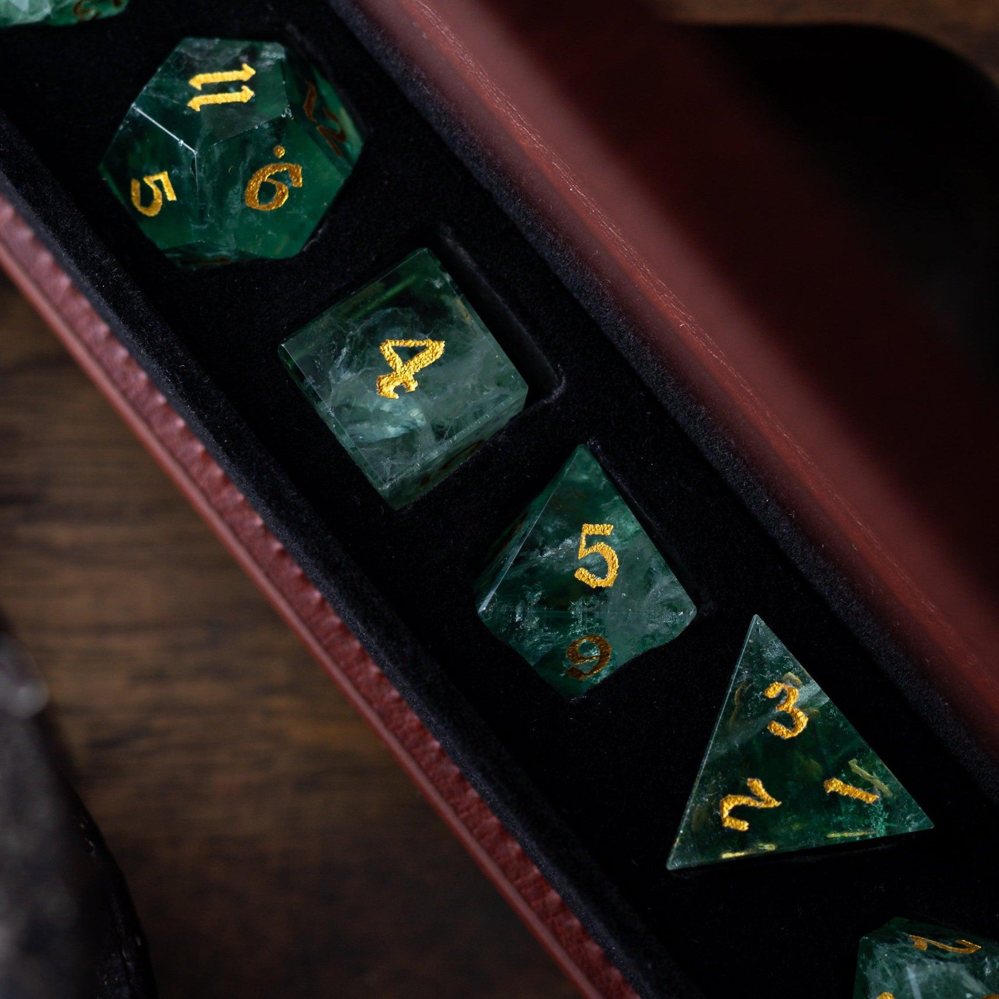 Green Fluorite Gemstone (Chlorophane) Hand Carved DND Dice Set Runic Dice