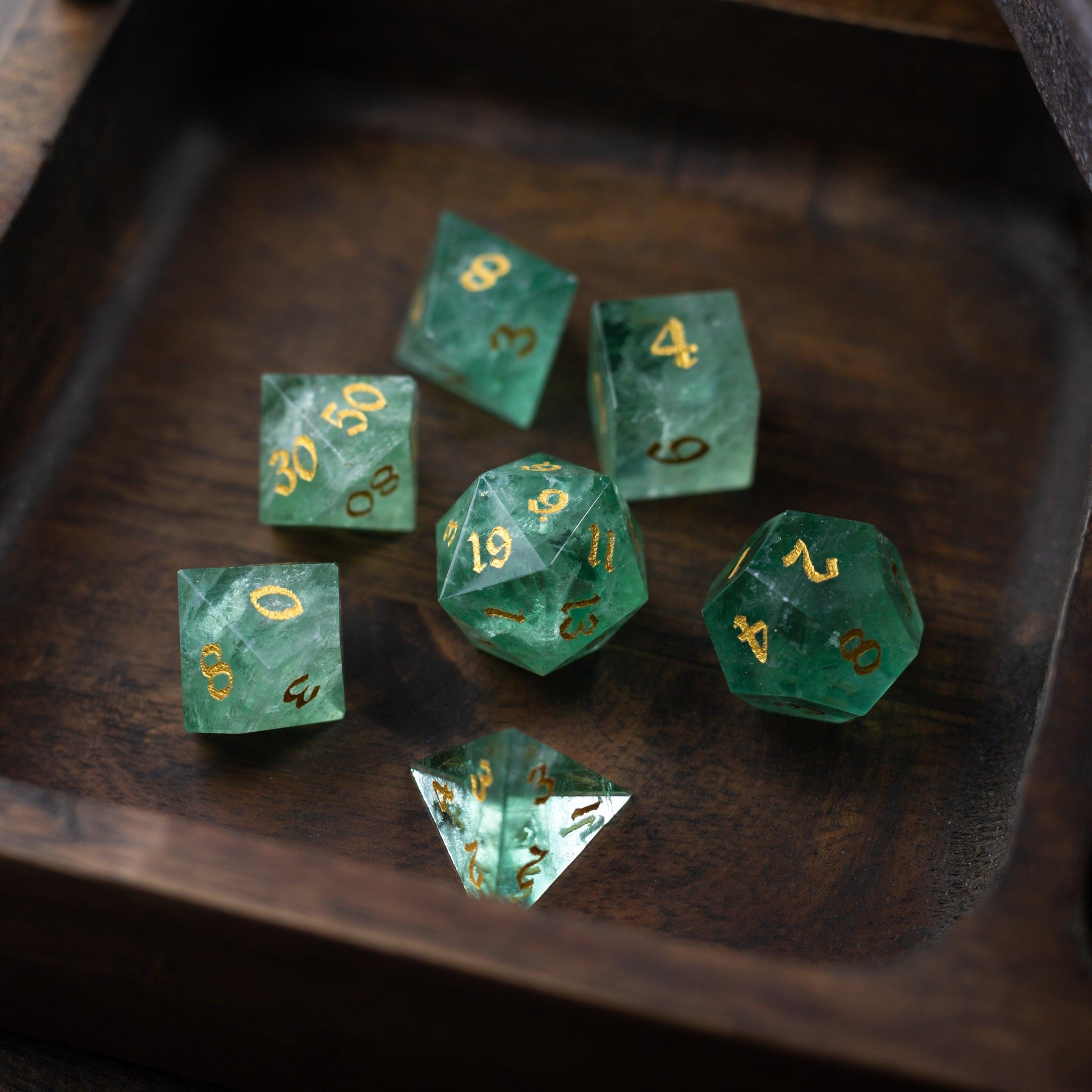 Green Fluorite Gemstone (Chlorophane) Hand Carved DND Dice Set Runic Dice