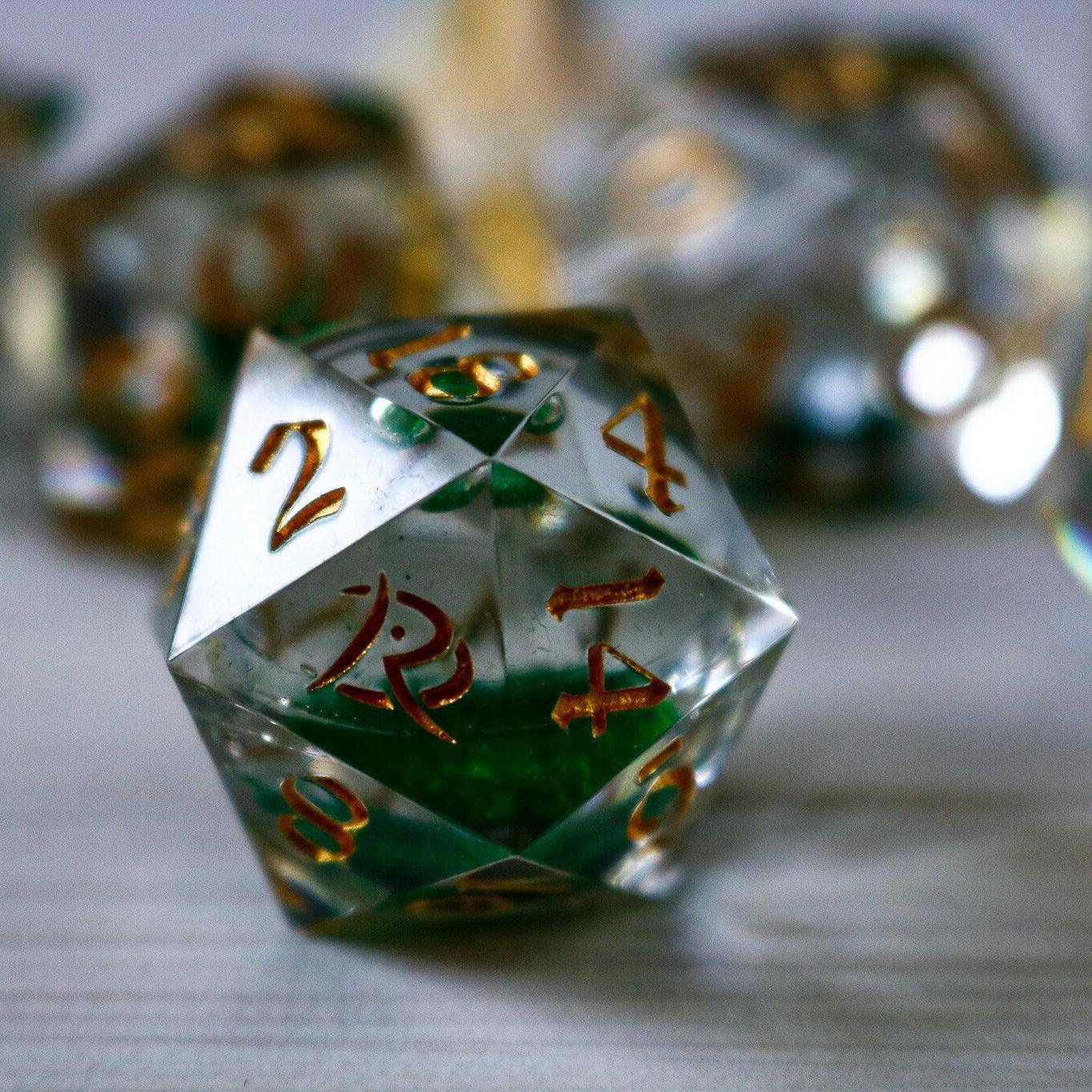 Green Glitter Liquid Core Handmade Sharp Edge Resin DND Dice Set Runic Dice