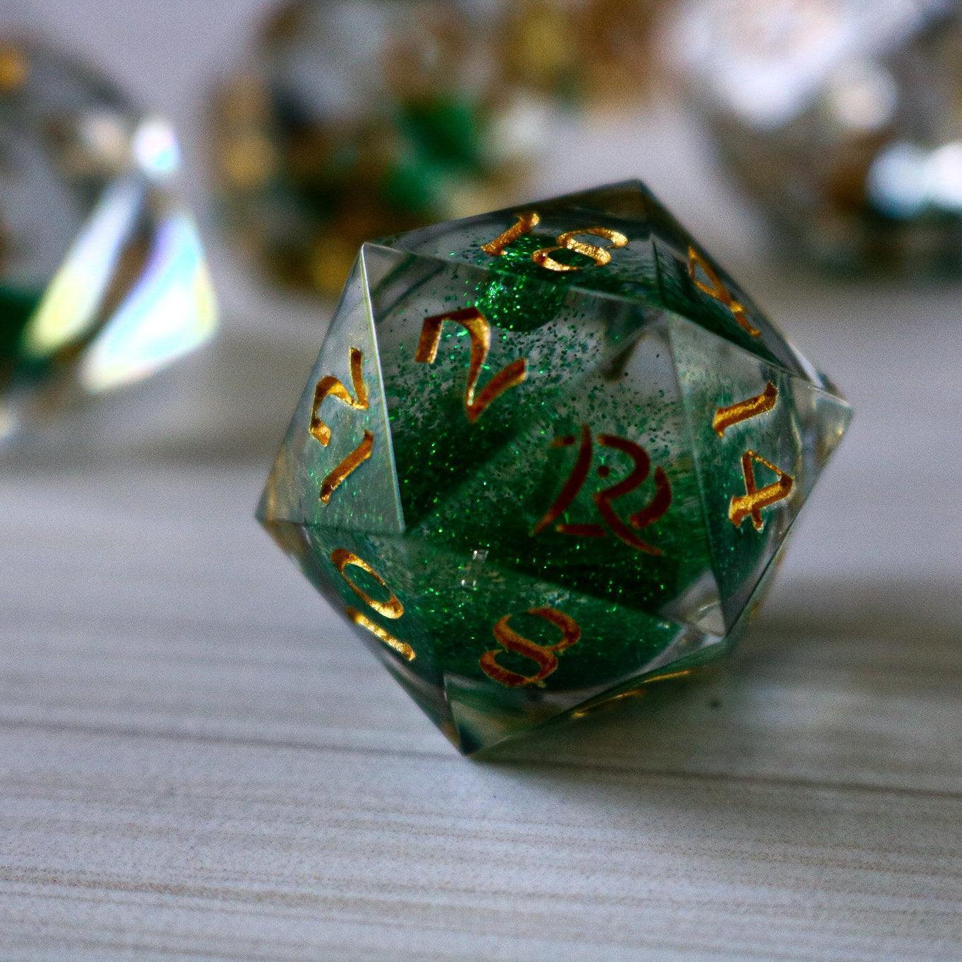 Green Glitter Liquid Core Handmade Sharp Edge Resin DND Dice Set Runic Dice