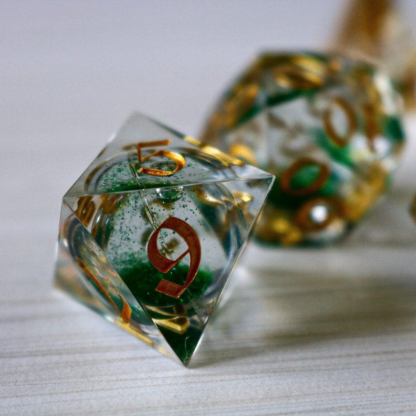 Green Glitter Liquid Core Handmade Sharp Edge Resin DND Dice Set Runic Dice