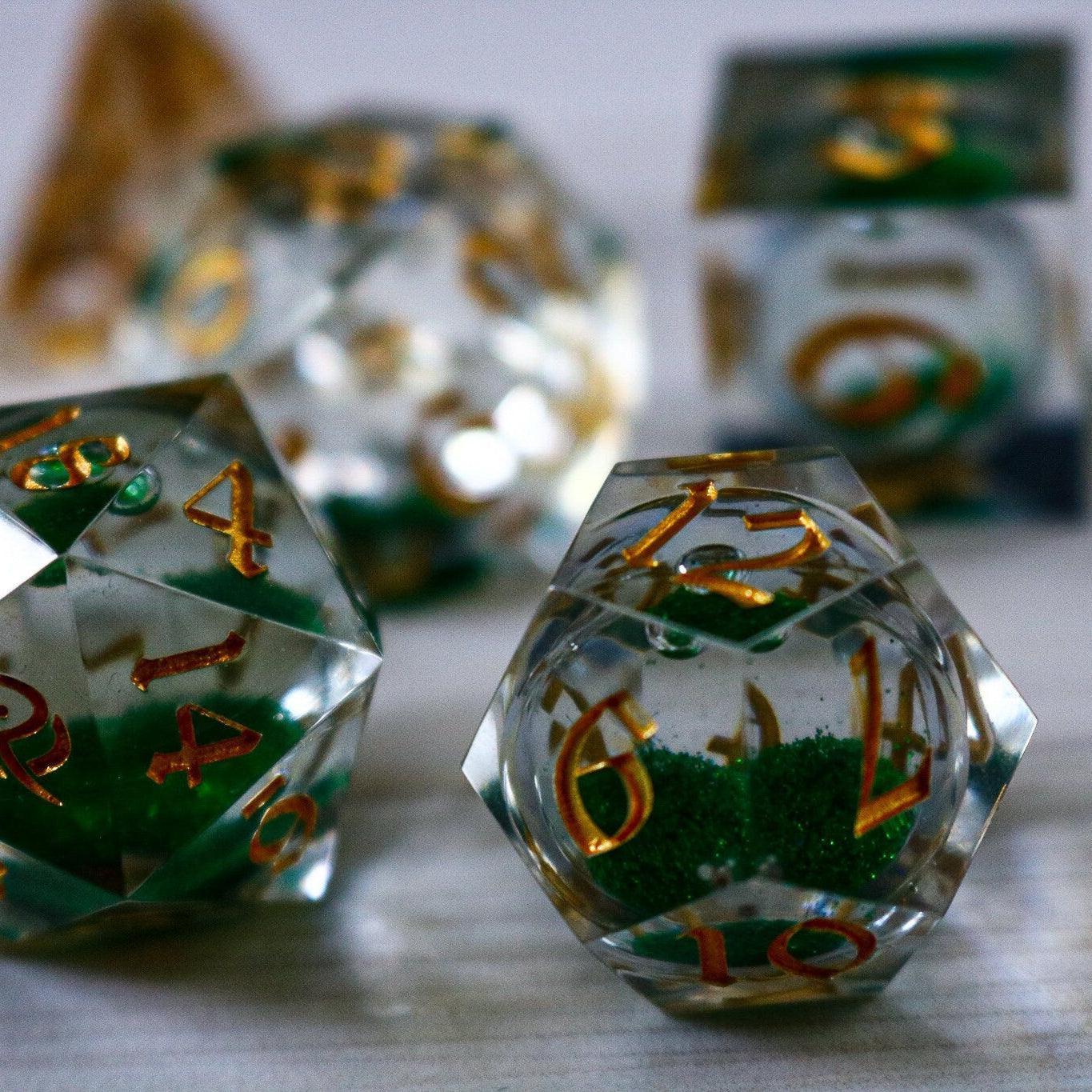 Green Glitter Liquid Core Handmade Sharp Edge Resin DND Dice Set Runic Dice