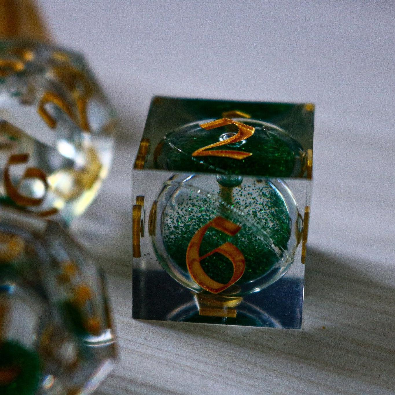 Green Glitter Liquid Core Handmade Sharp Edge Resin DND Dice Set Runic Dice