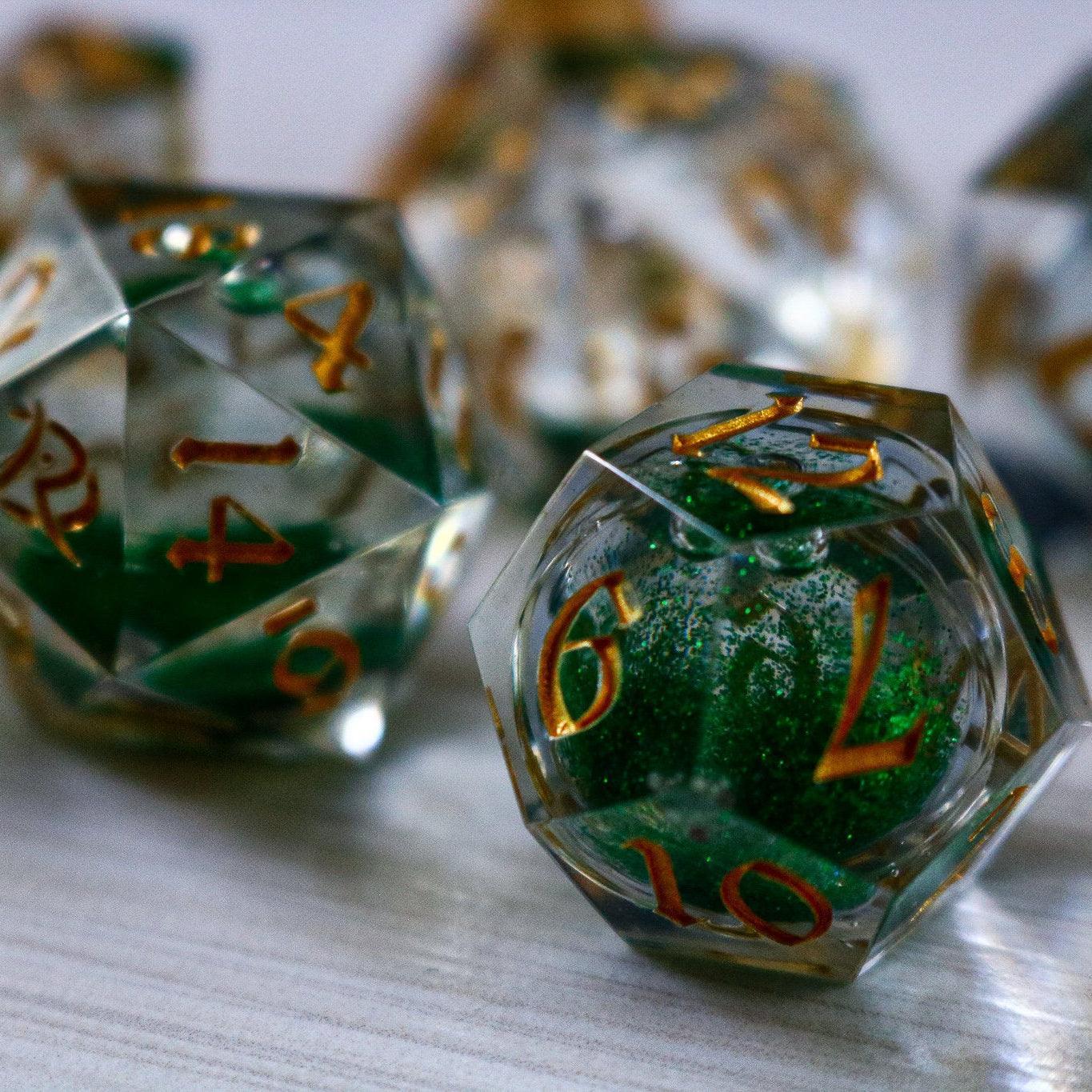 Green Glitter Liquid Core Handmade Sharp Edge Resin DND Dice Set Runic Dice