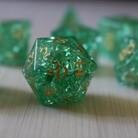 Green Lightning Cracked Glass DND Dice Set Runic Dice