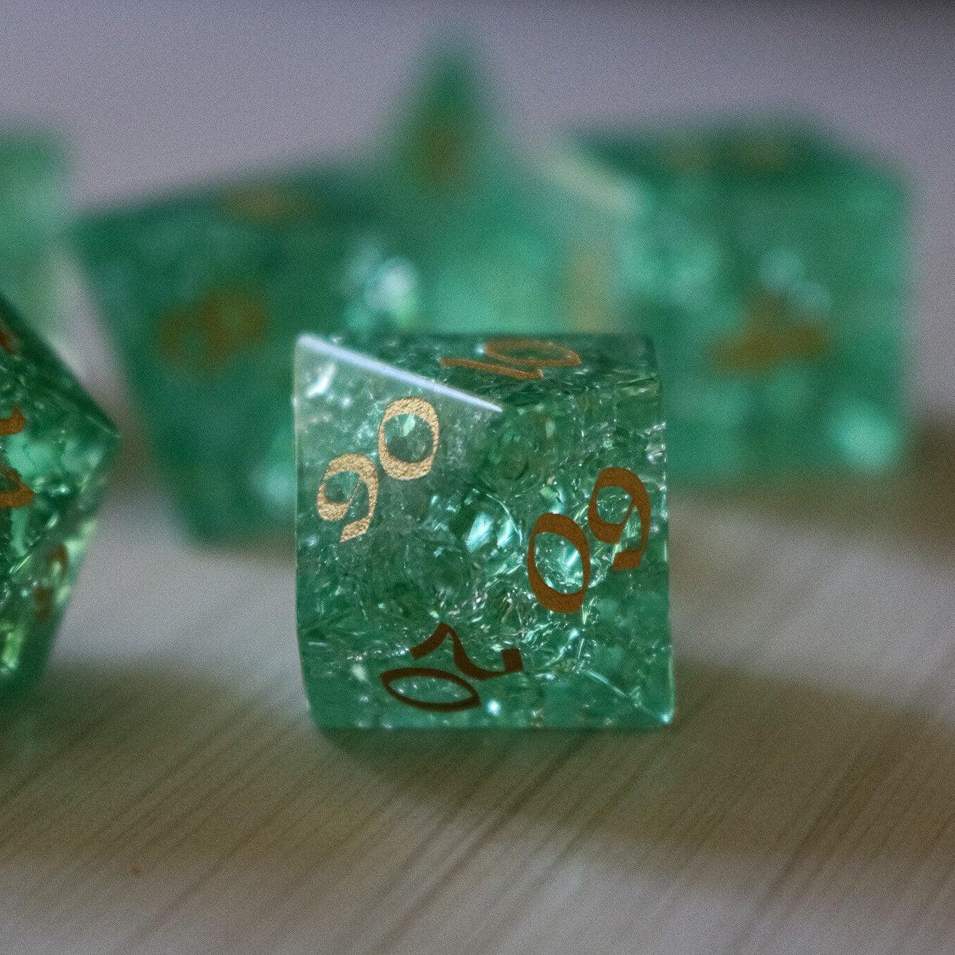 Green Lightning Cracked Glass DND Dice Set Runic Dice