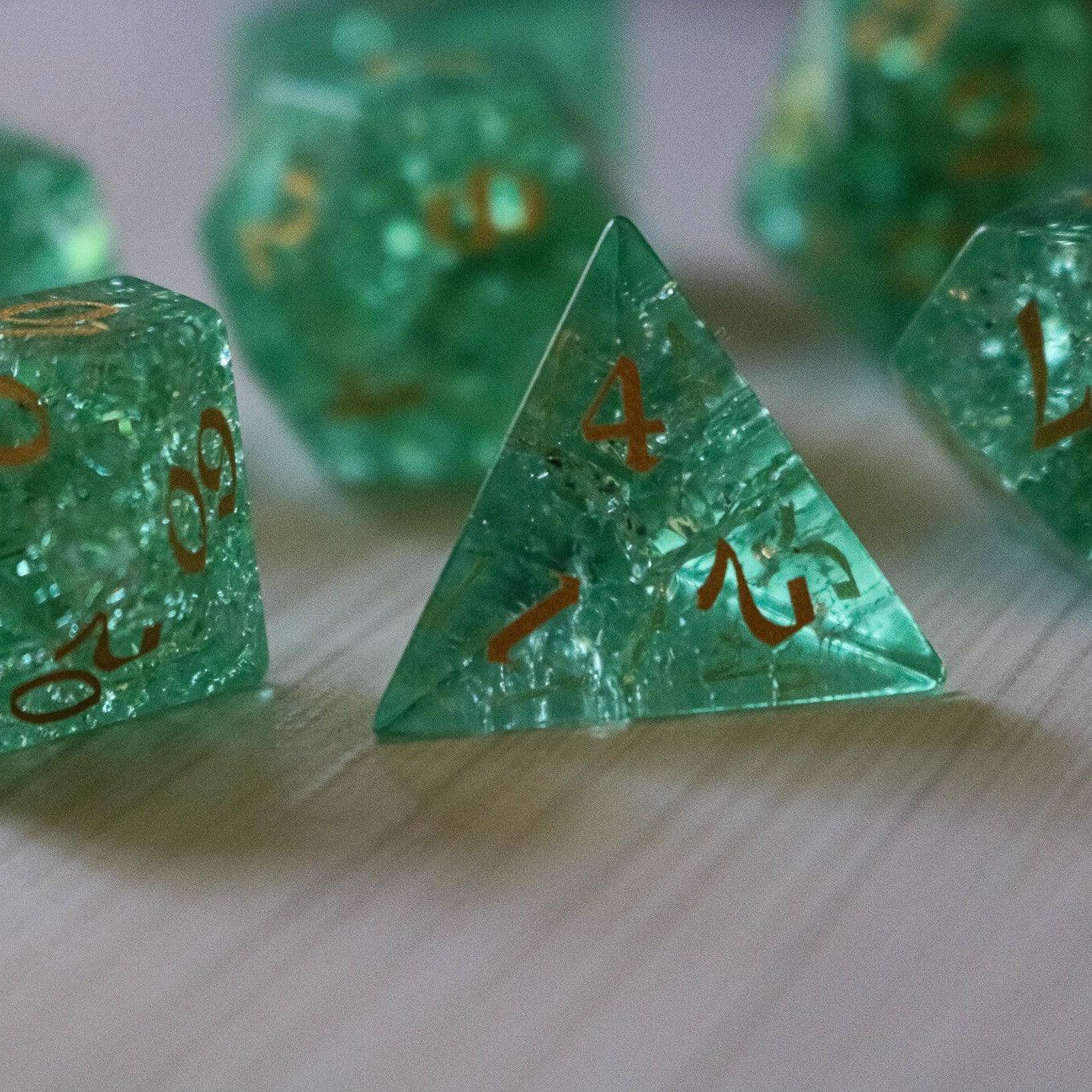 Green Lightning Cracked Glass DND Dice Set Runic Dice