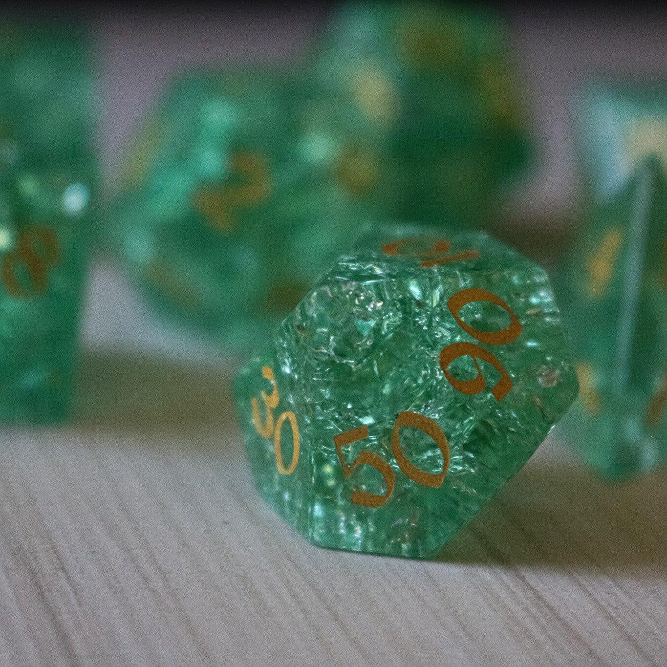 Green Lightning Cracked Glass DND Dice Set Runic Dice