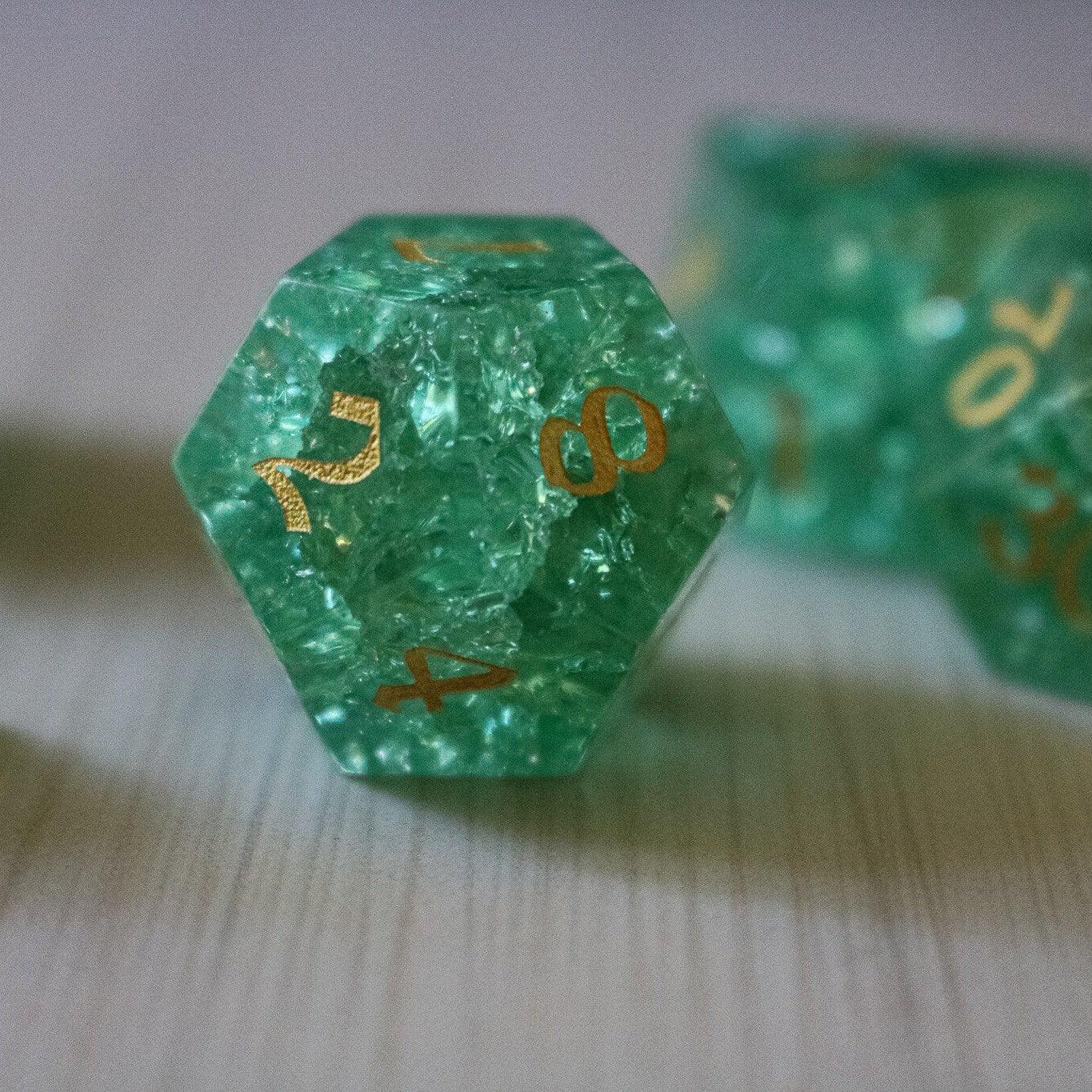 Green Lightning Cracked Glass DND Dice Set Runic Dice