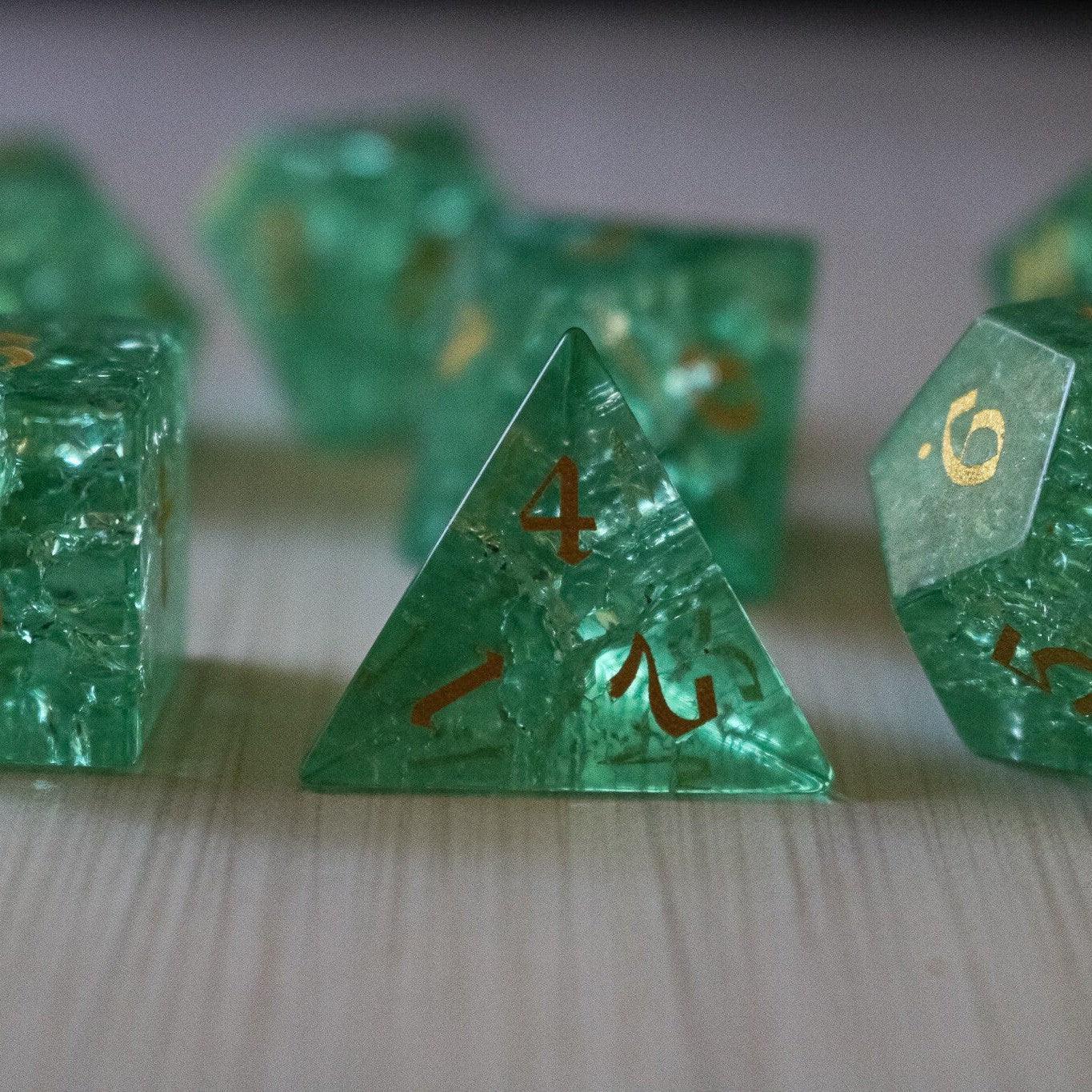 Green Lightning Cracked Glass DND Dice Set Runic Dice