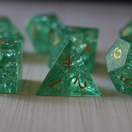 Green Lightning Cracked Glass DND Dice Set Runic Dice