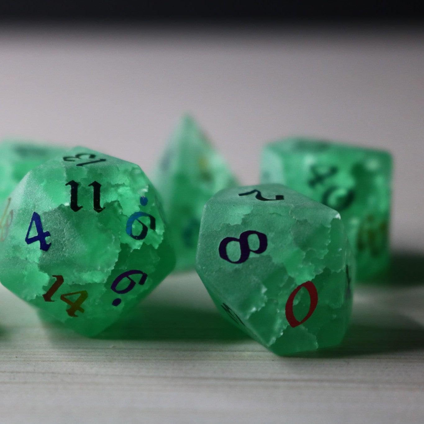 Green Mint Inked Lightning Cracked Glass DND Dice Set Runic Dice