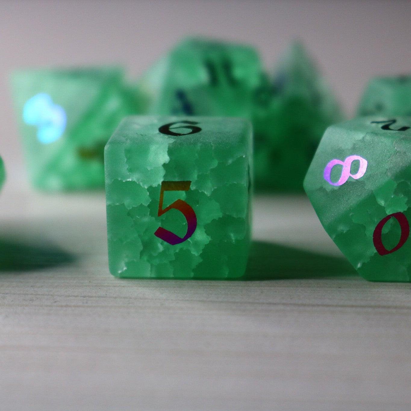 Green Mint Inked Lightning Cracked Glass DND Dice Set Runic Dice