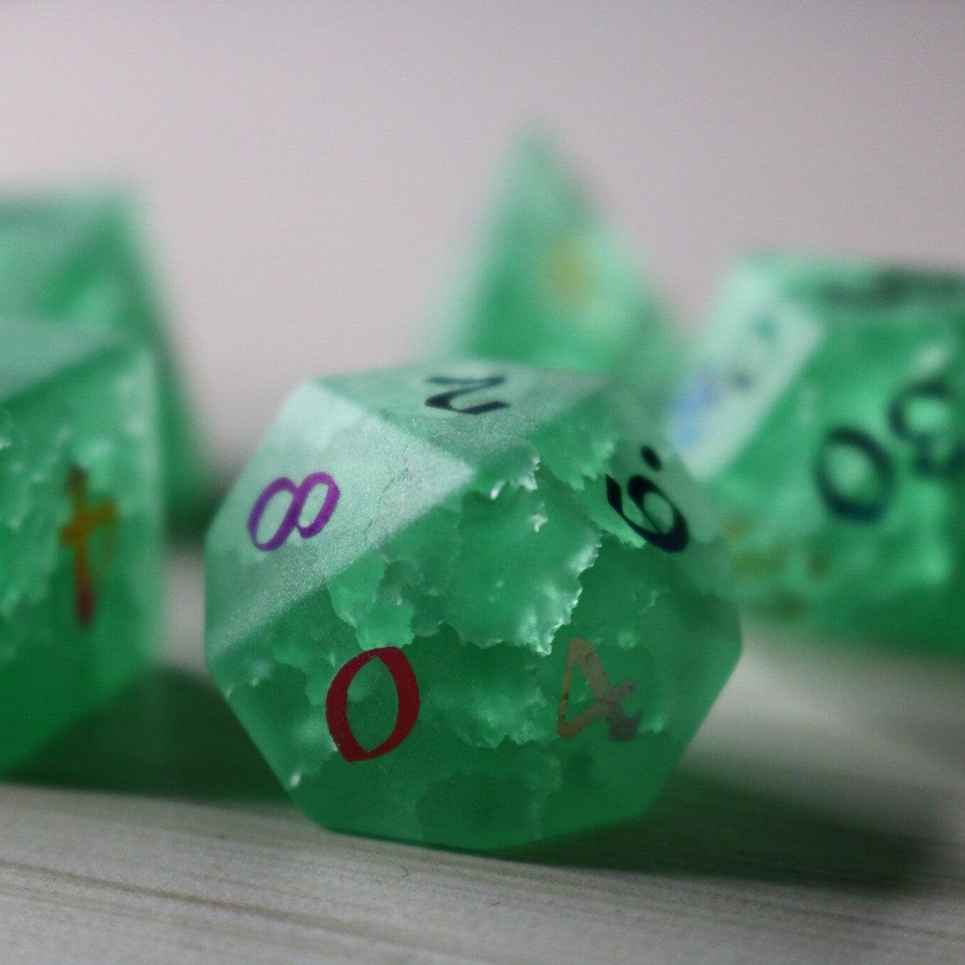 Green Mint Inked Lightning Cracked Glass DND Dice Set Runic Dice