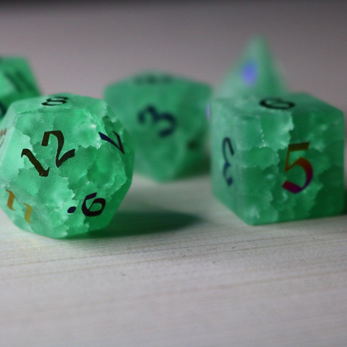 Green Mint Inked Lightning Cracked Glass DND Dice Set Runic Dice