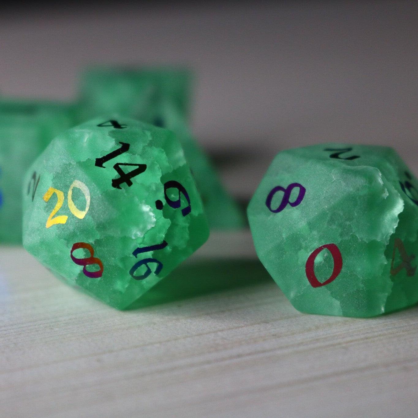 Green Mint Inked Lightning Cracked Glass DND Dice Set Runic Dice