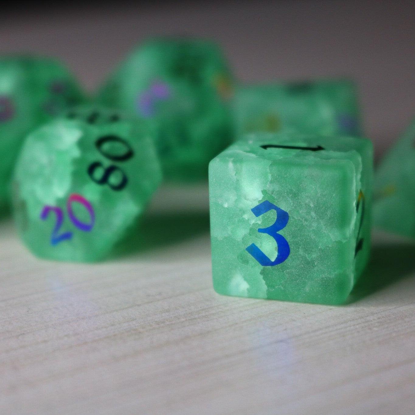 Green Mint Inked Lightning Cracked Glass DND Dice Set Runic Dice