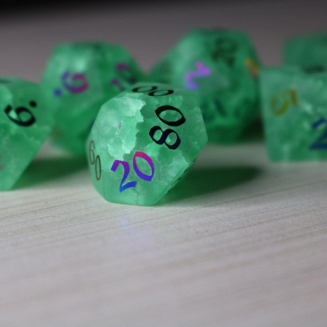 Green Mint Inked Lightning Cracked Glass DND Dice Set Runic Dice