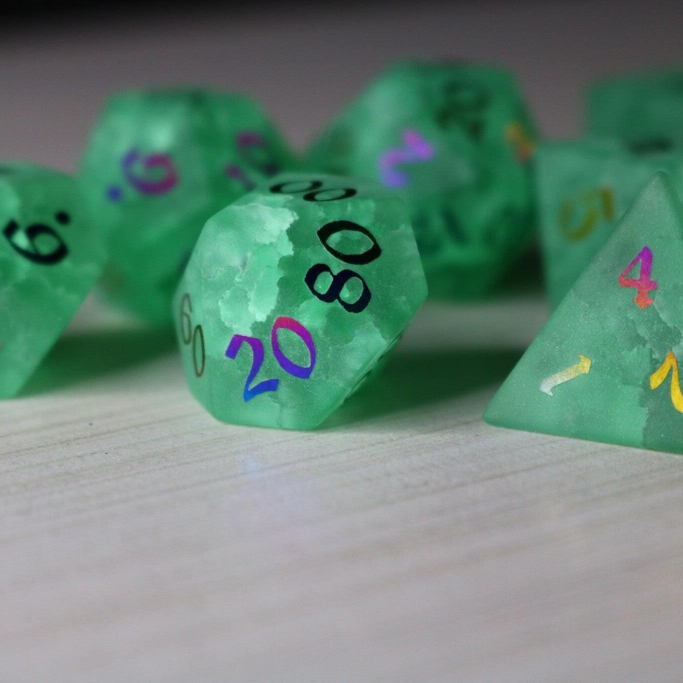 Green Mint Inked Lightning Cracked Glass DND Dice Set Runic Dice