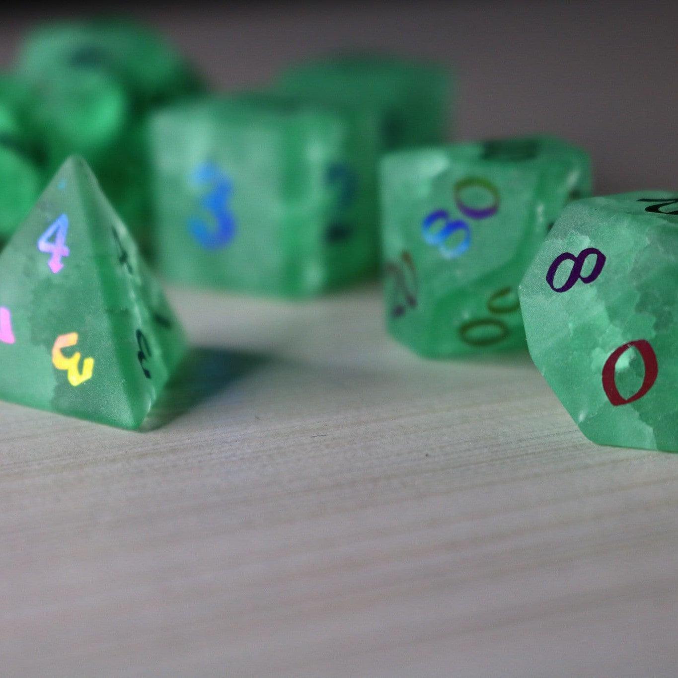 Green Mint Inked Lightning Cracked Glass DND Dice Set Runic Dice