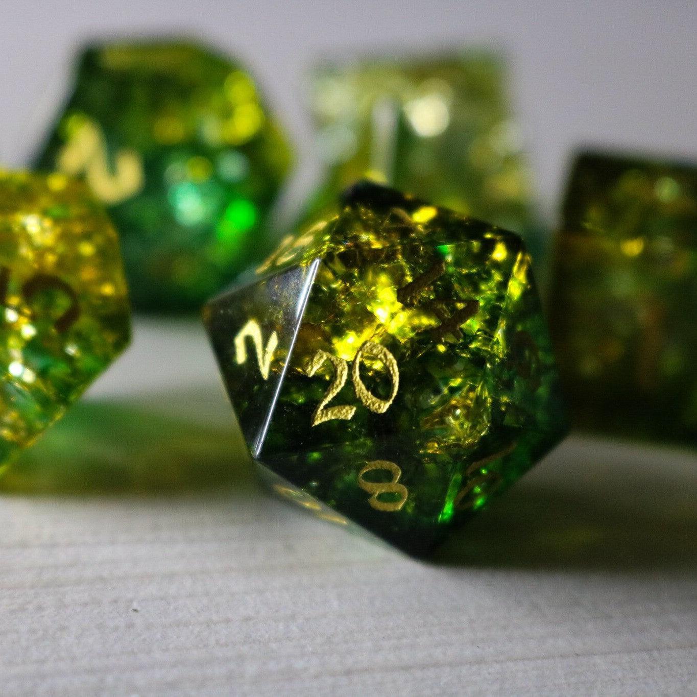 Green Poison Forge Fire Cracked Glass DND Dice Set Runic Dice
