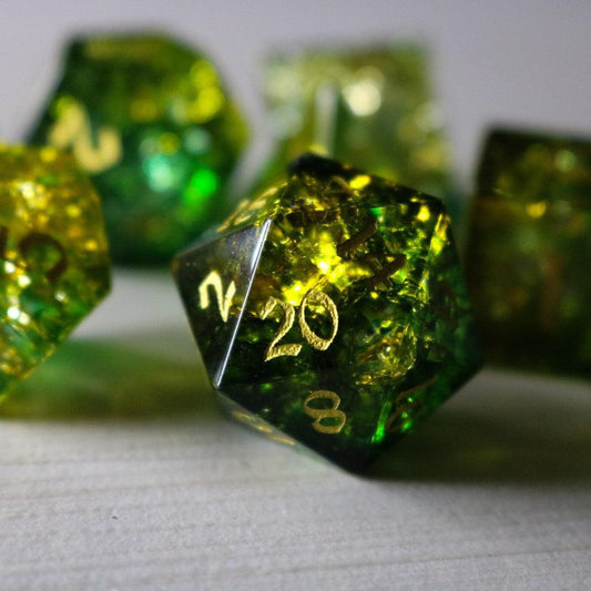 Green Poison Forge Fire Cracked Glass DND Dice Set Runic Dice