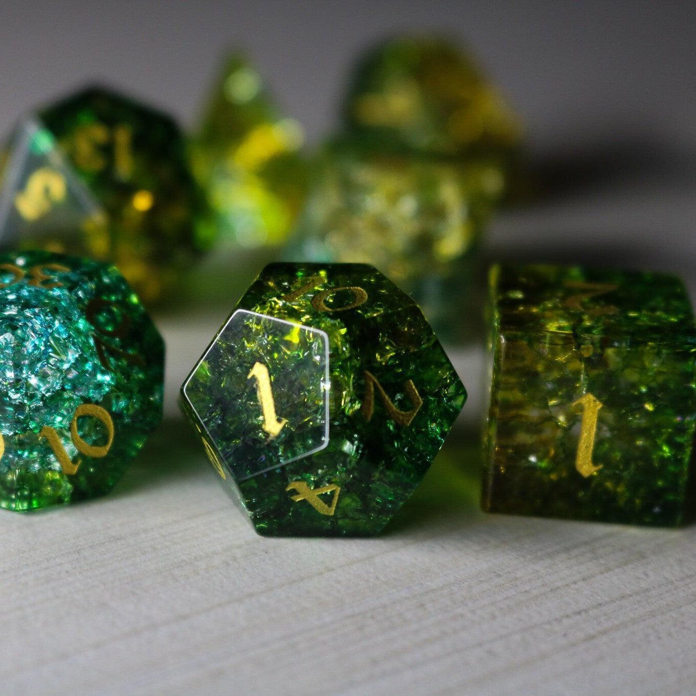 Green Poison Forge Fire Cracked Glass DND Dice Set Runic Dice