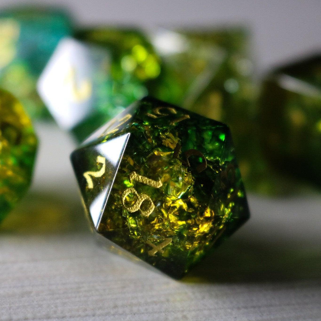 Green Poison Forge Fire Cracked Glass DND Dice Set Runic Dice