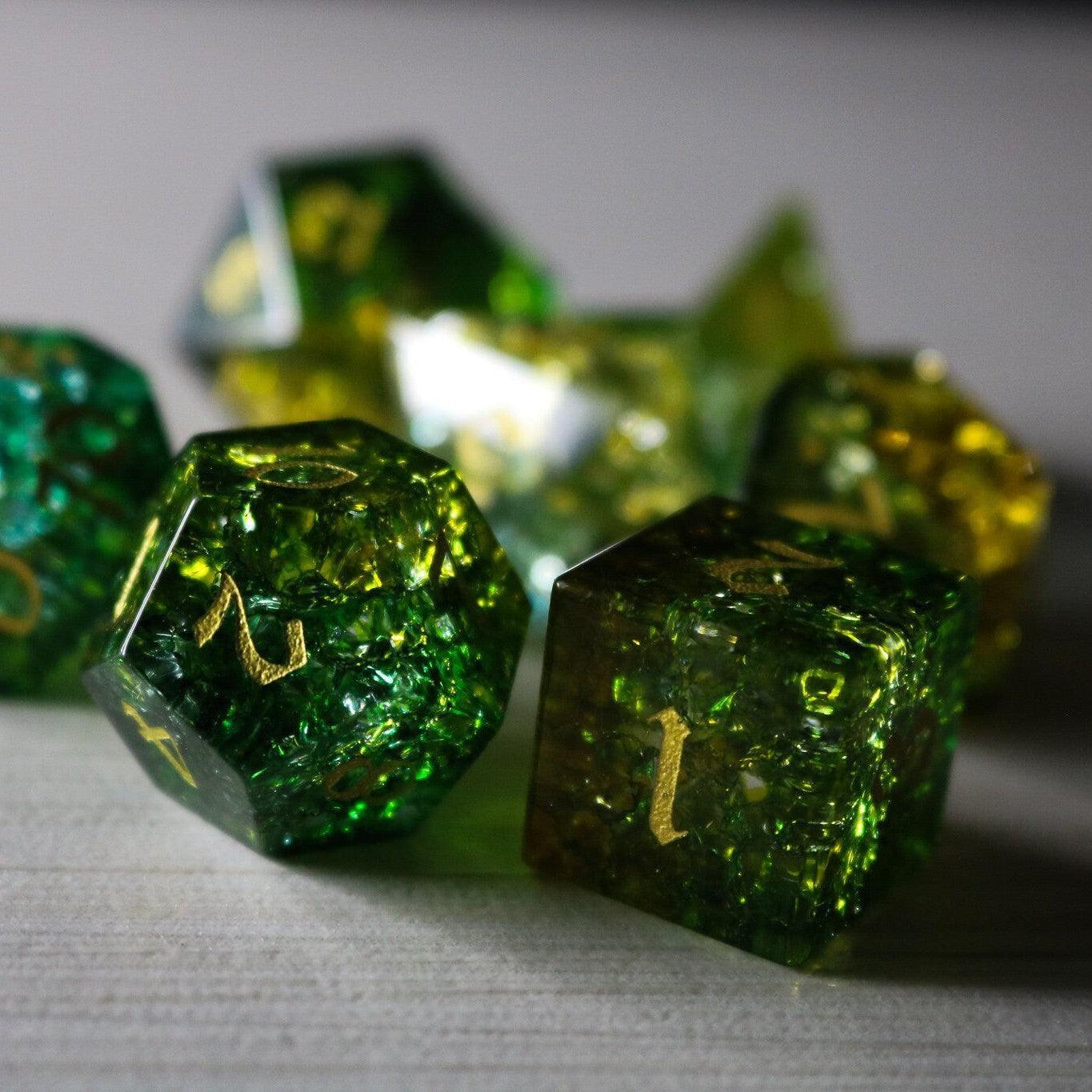 Green Poison Forge Fire Cracked Glass DND Dice Set Runic Dice