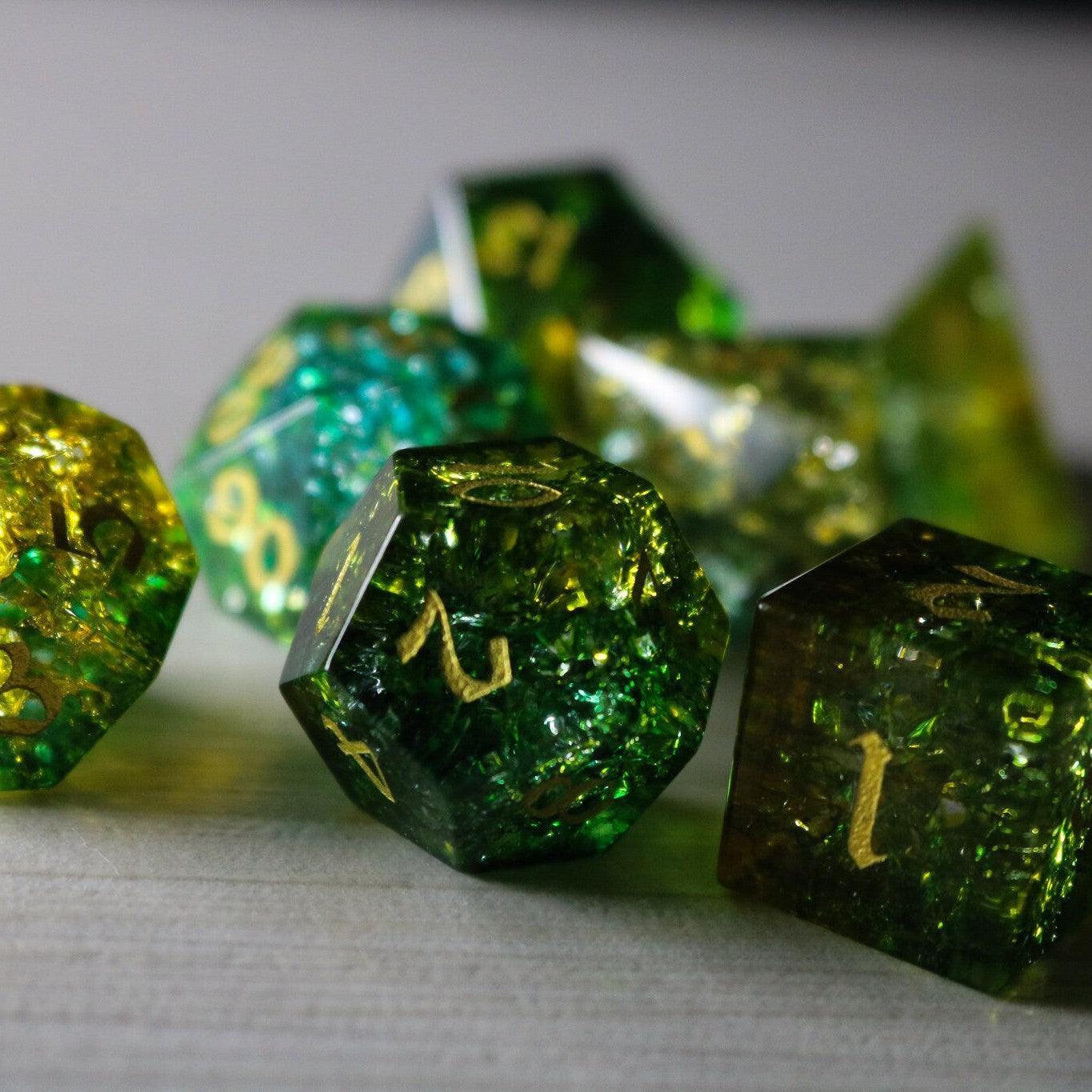Green Poison Forge Fire Cracked Glass DND Dice Set Runic Dice