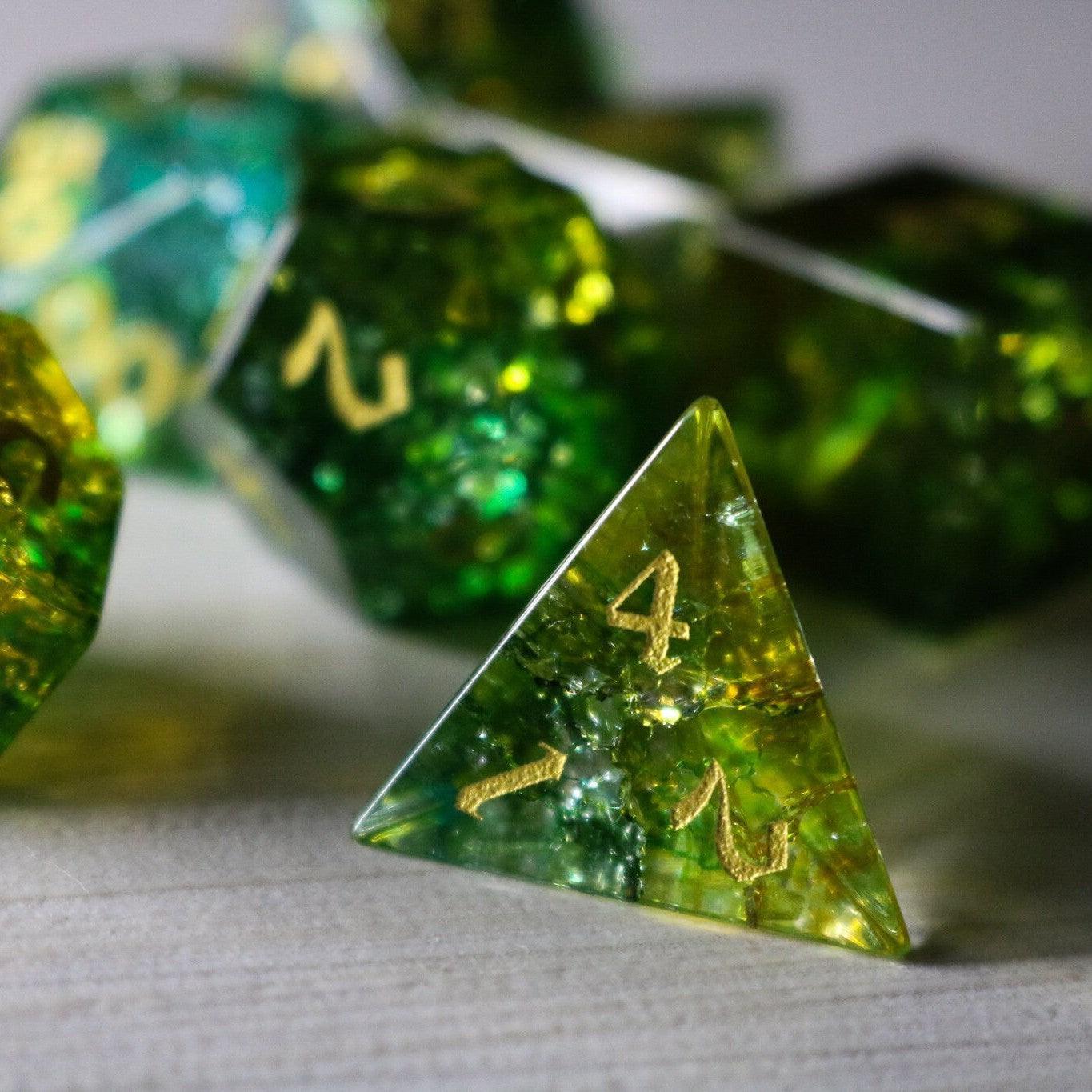 Green Poison Forge Fire Cracked Glass DND Dice Set Runic Dice