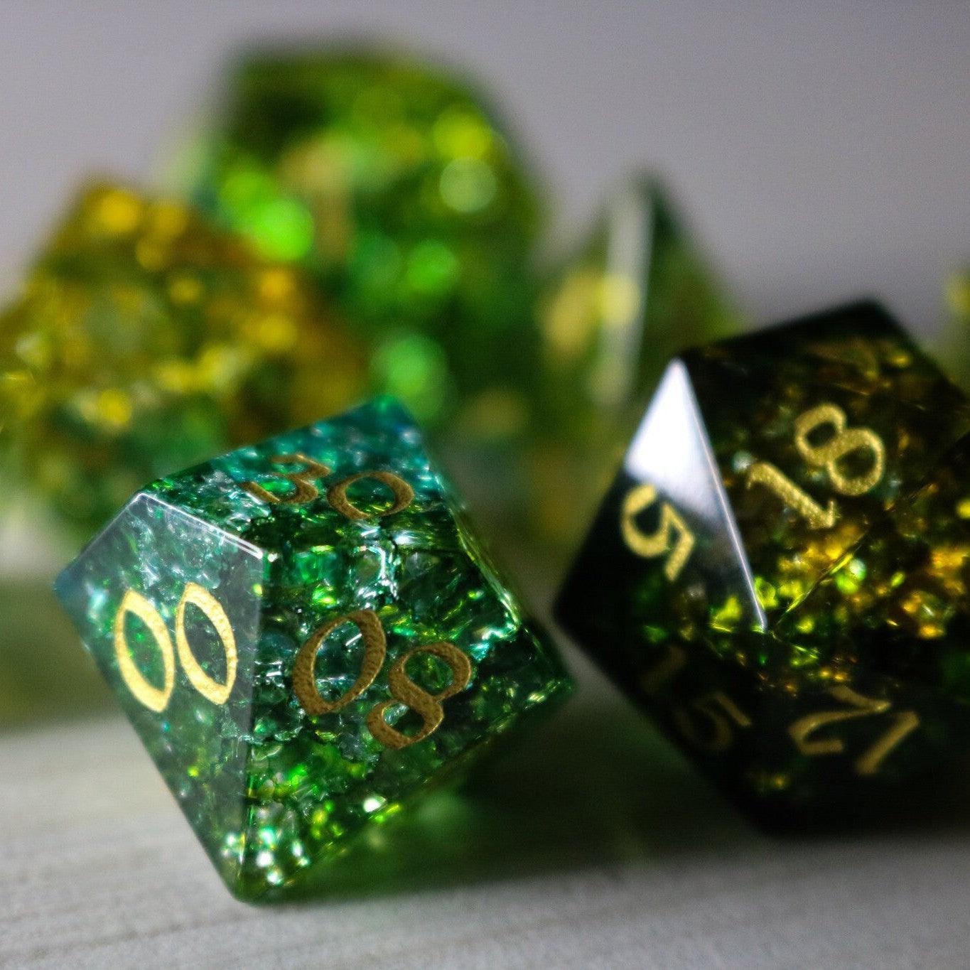 Green Poison Forge Fire Cracked Glass DND Dice Set Runic Dice
