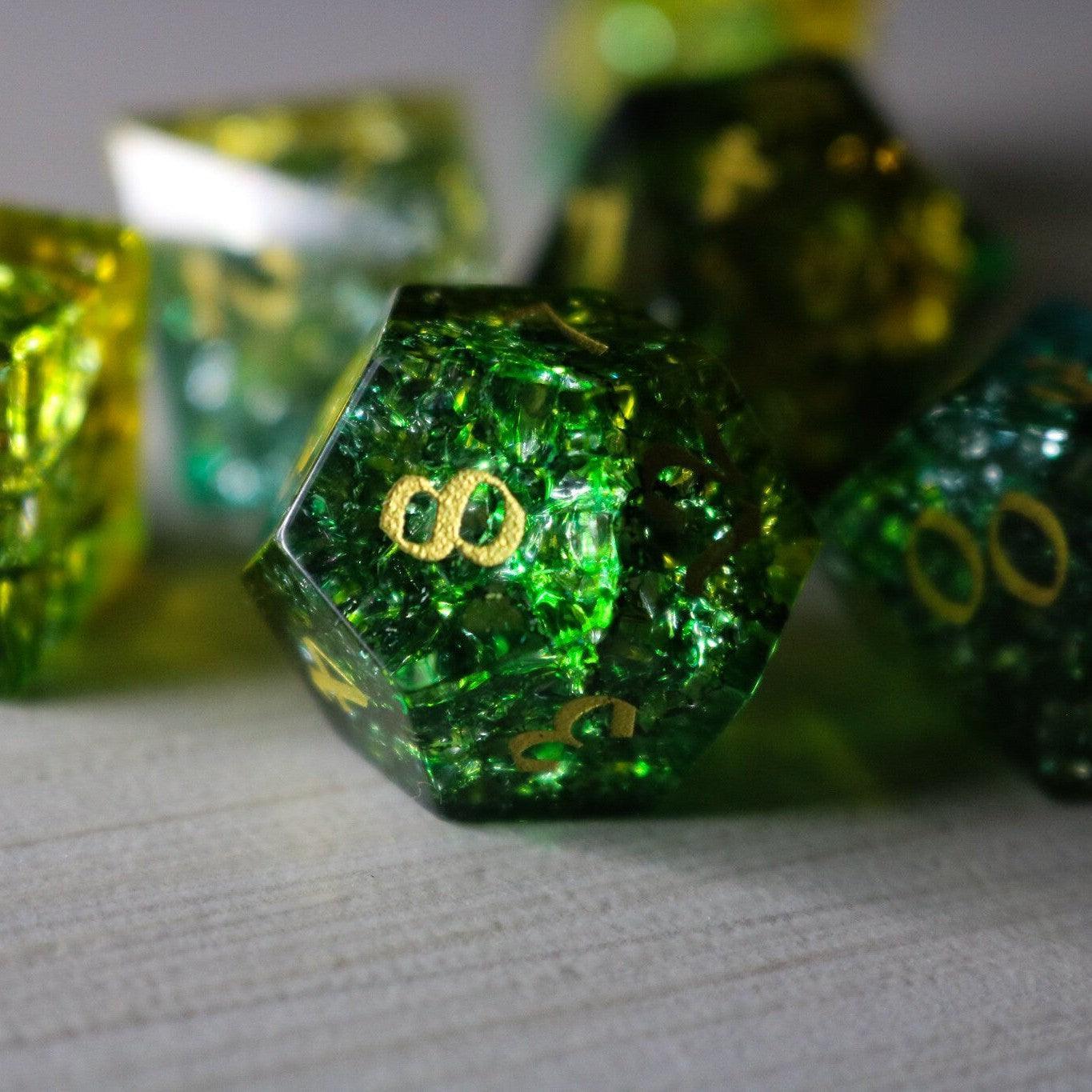 Green Poison Forge Fire Cracked Glass DND Dice Set Runic Dice