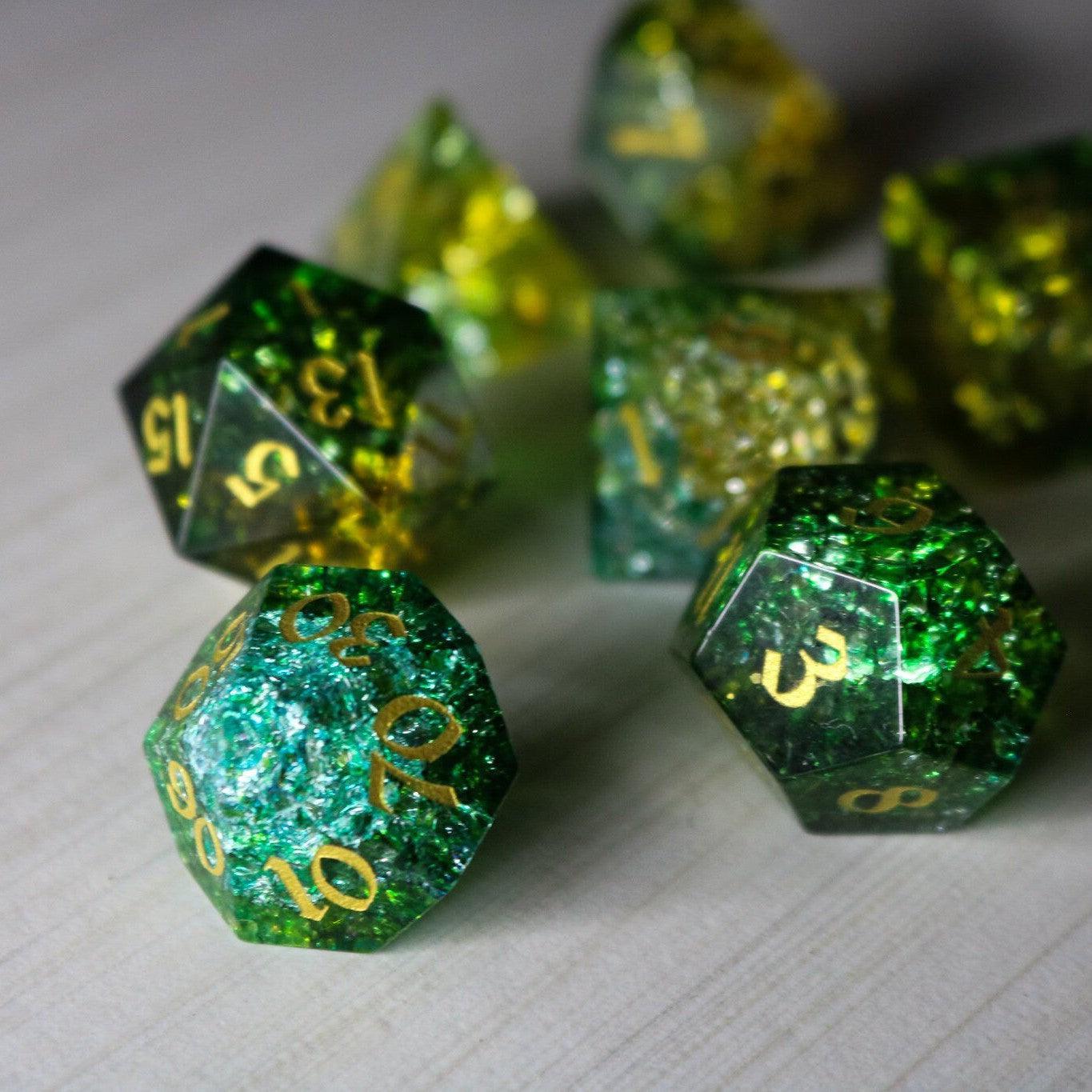 Green Poison Forge Fire Cracked Glass DND Dice Set Runic Dice