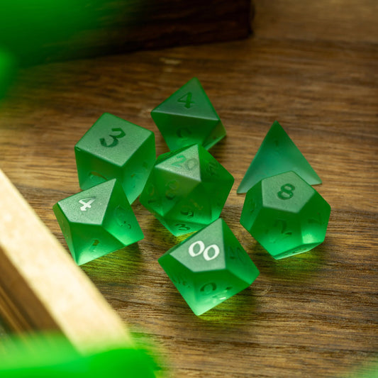 Green Raised Zircon Glass Hand Carved DND Dice Set Runic Dice