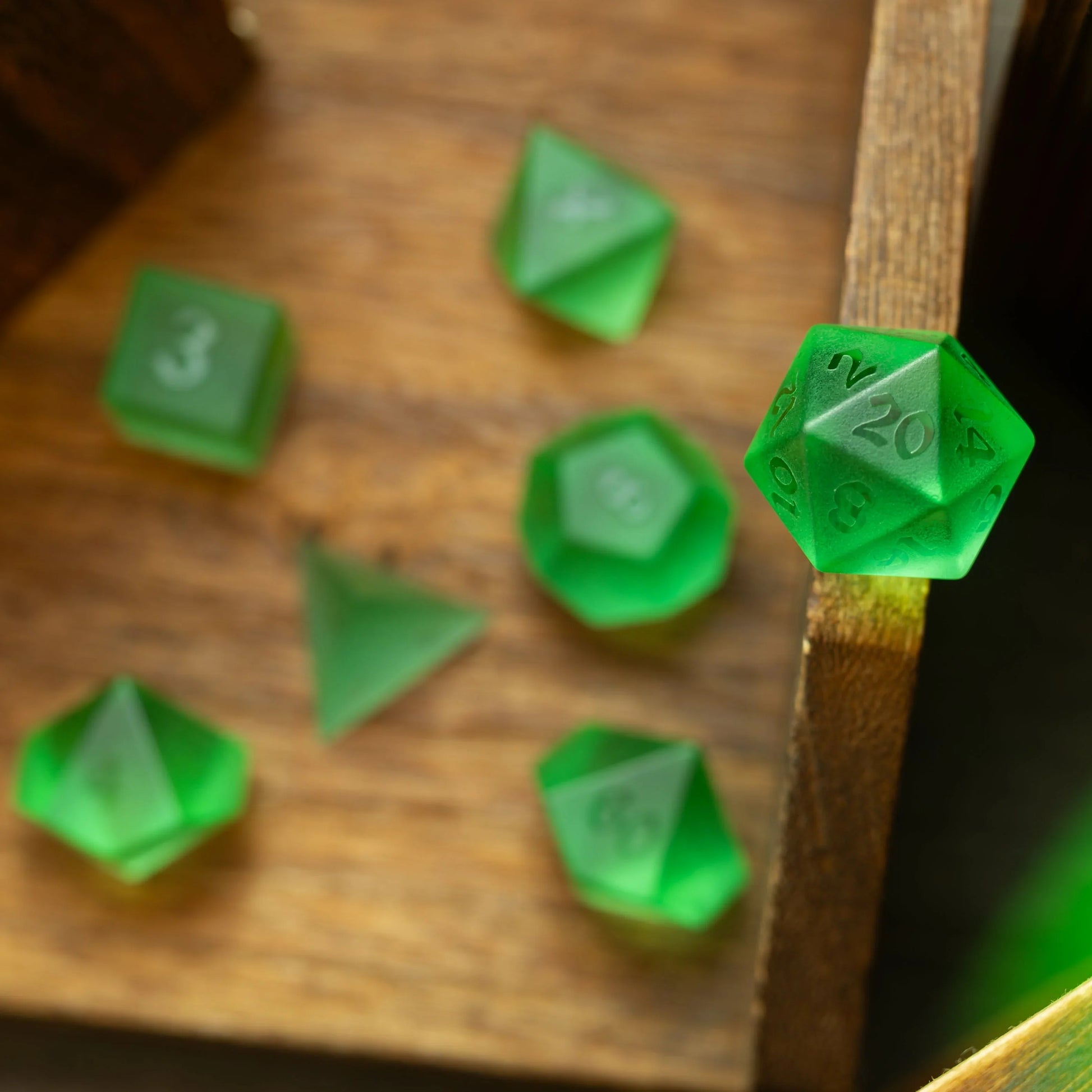 Green Raised Zircon Glass Hand Carved DND Dice Set Runic Dice