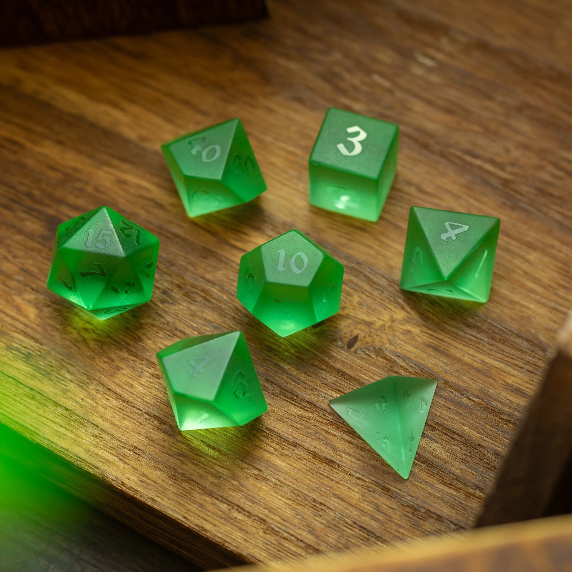 Green Raised Zircon Glass Hand Carved DND Dice Set Runic Dice