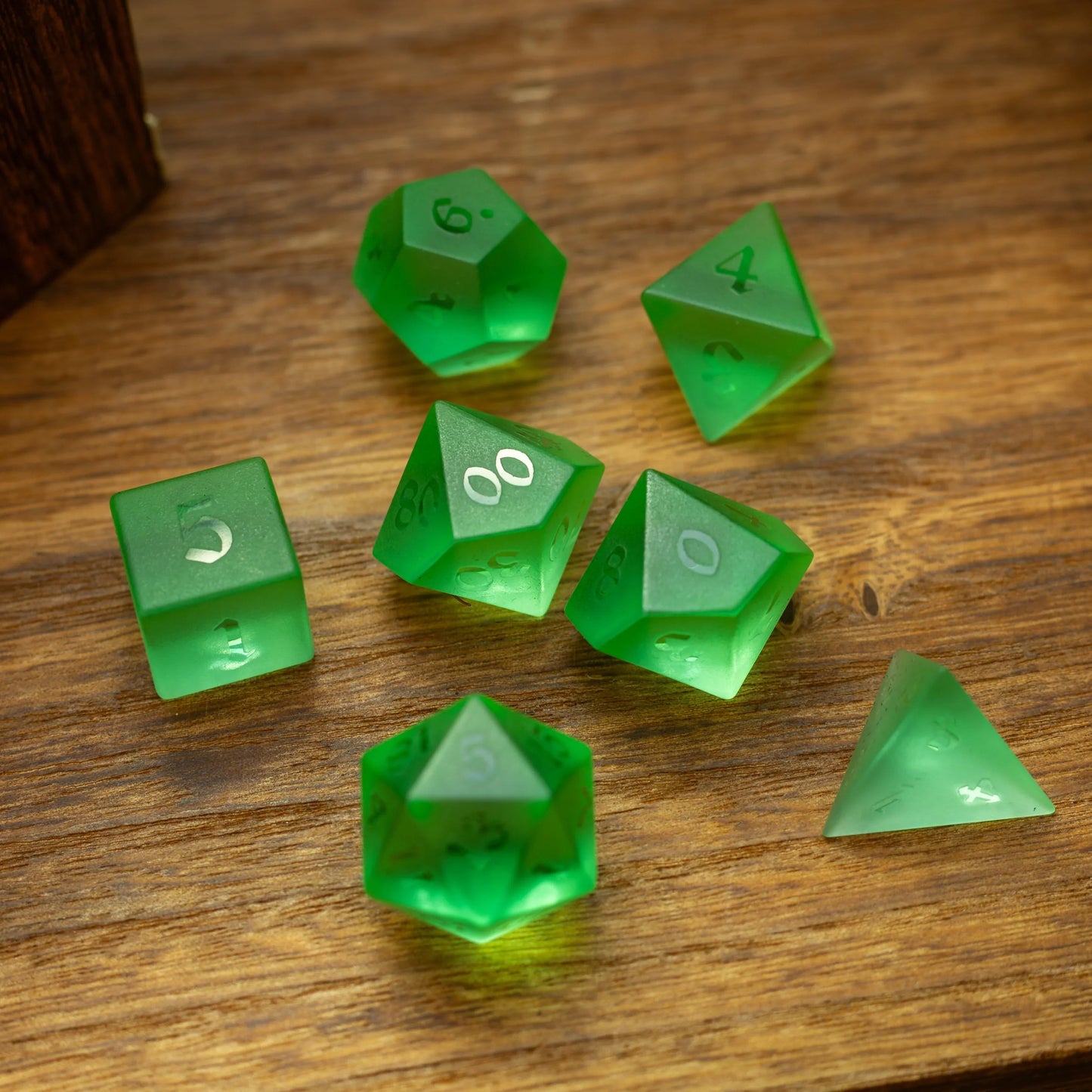 Green Raised Zircon Glass Hand Carved DND Dice Set Runic Dice