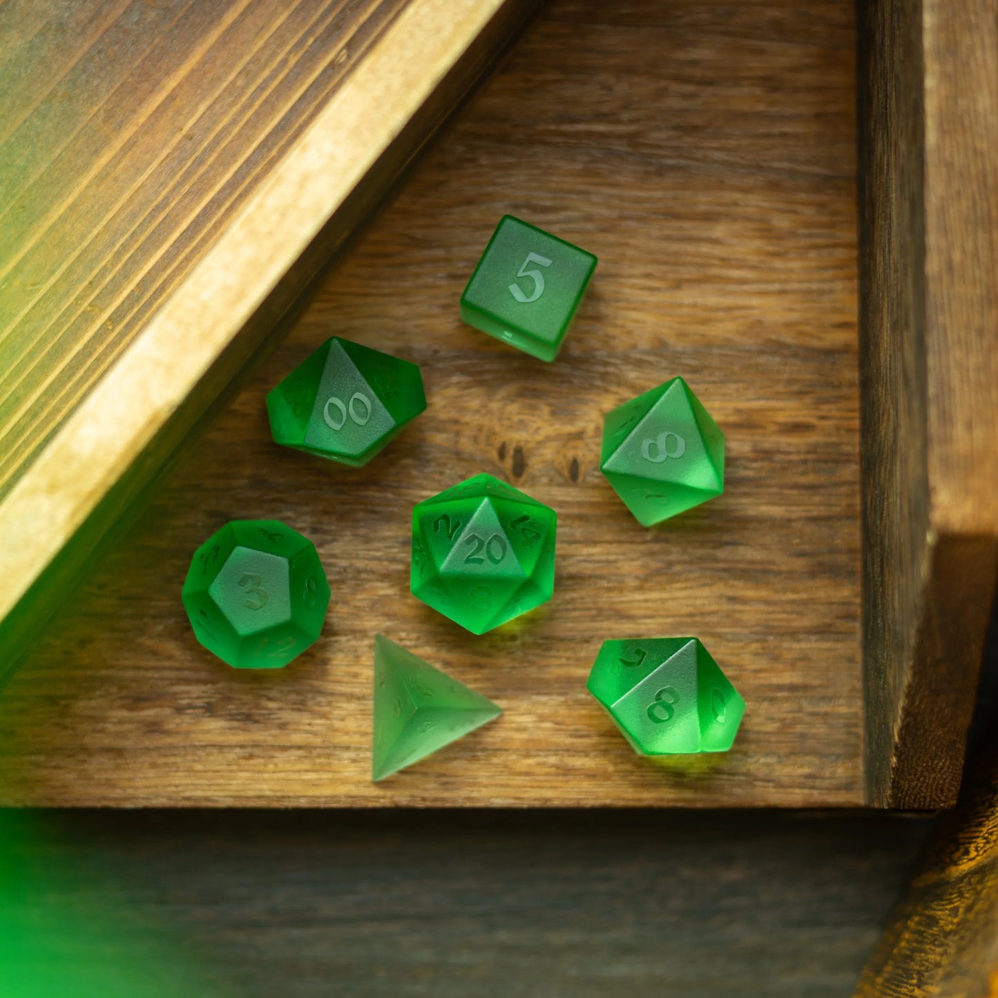 Green Raised Zircon Glass Hand Carved DND Dice Set Runic Dice