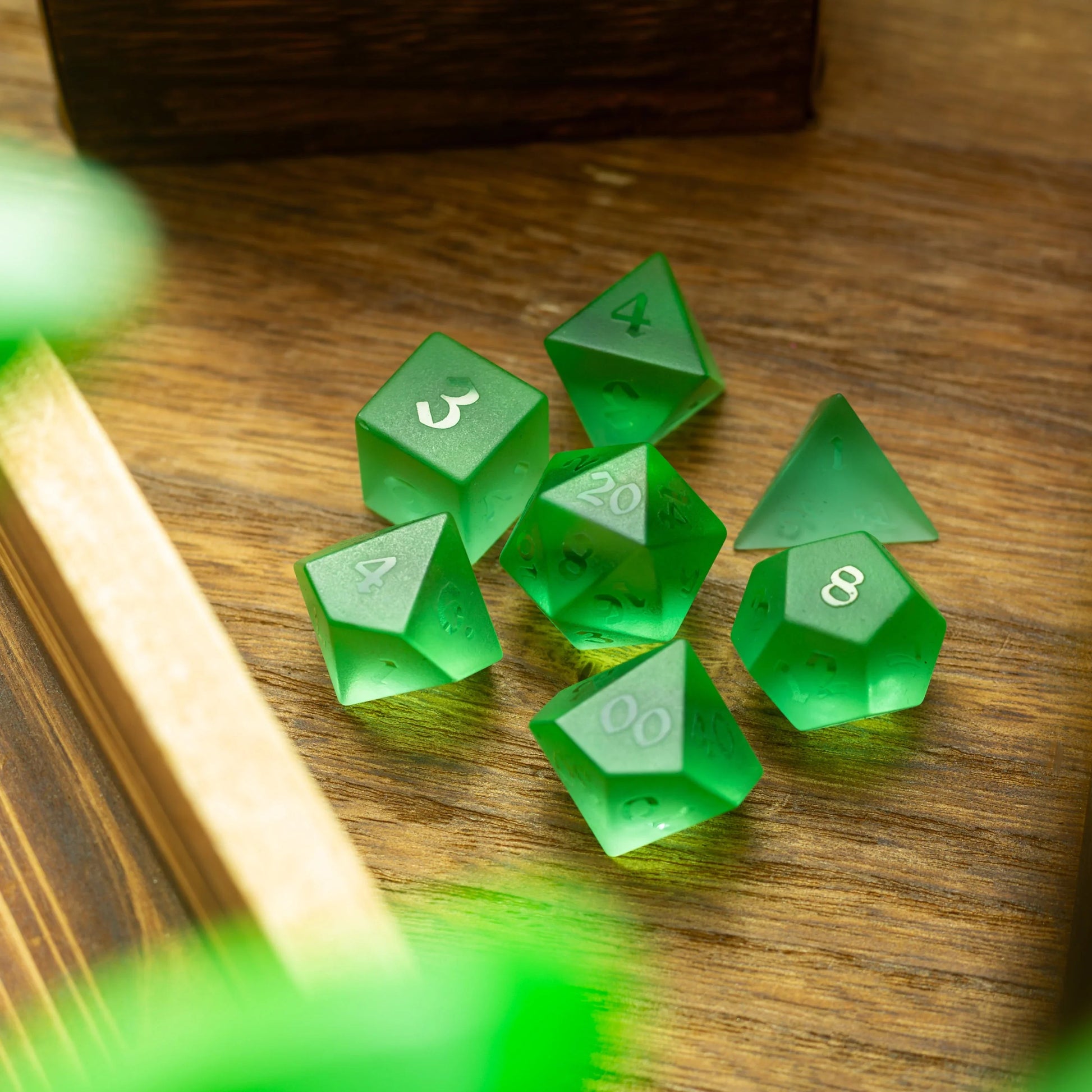 Green Raised Zircon Glass Hand Carved DND Dice Set Runic Dice