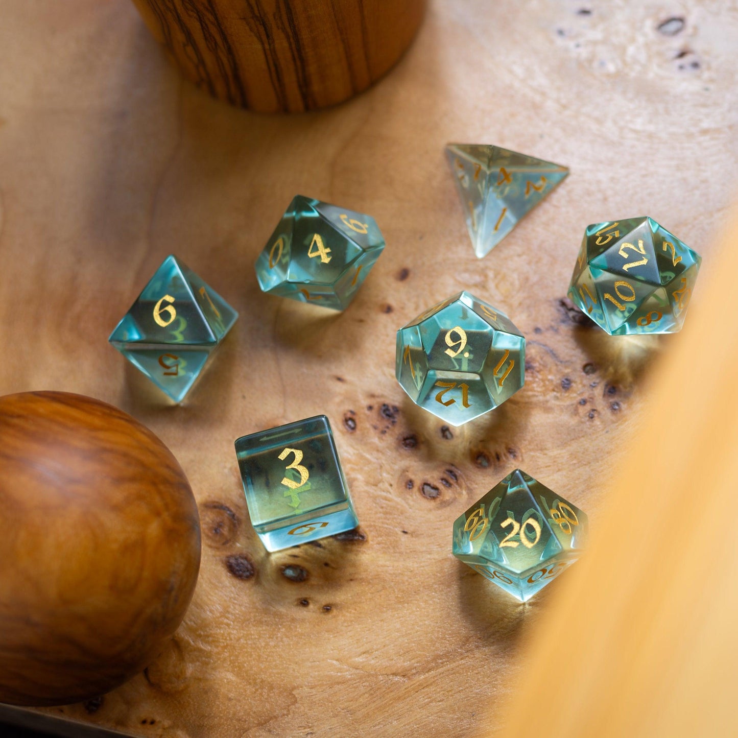 Green Water Glass Hand Carved DND Dice Set Runic Dice