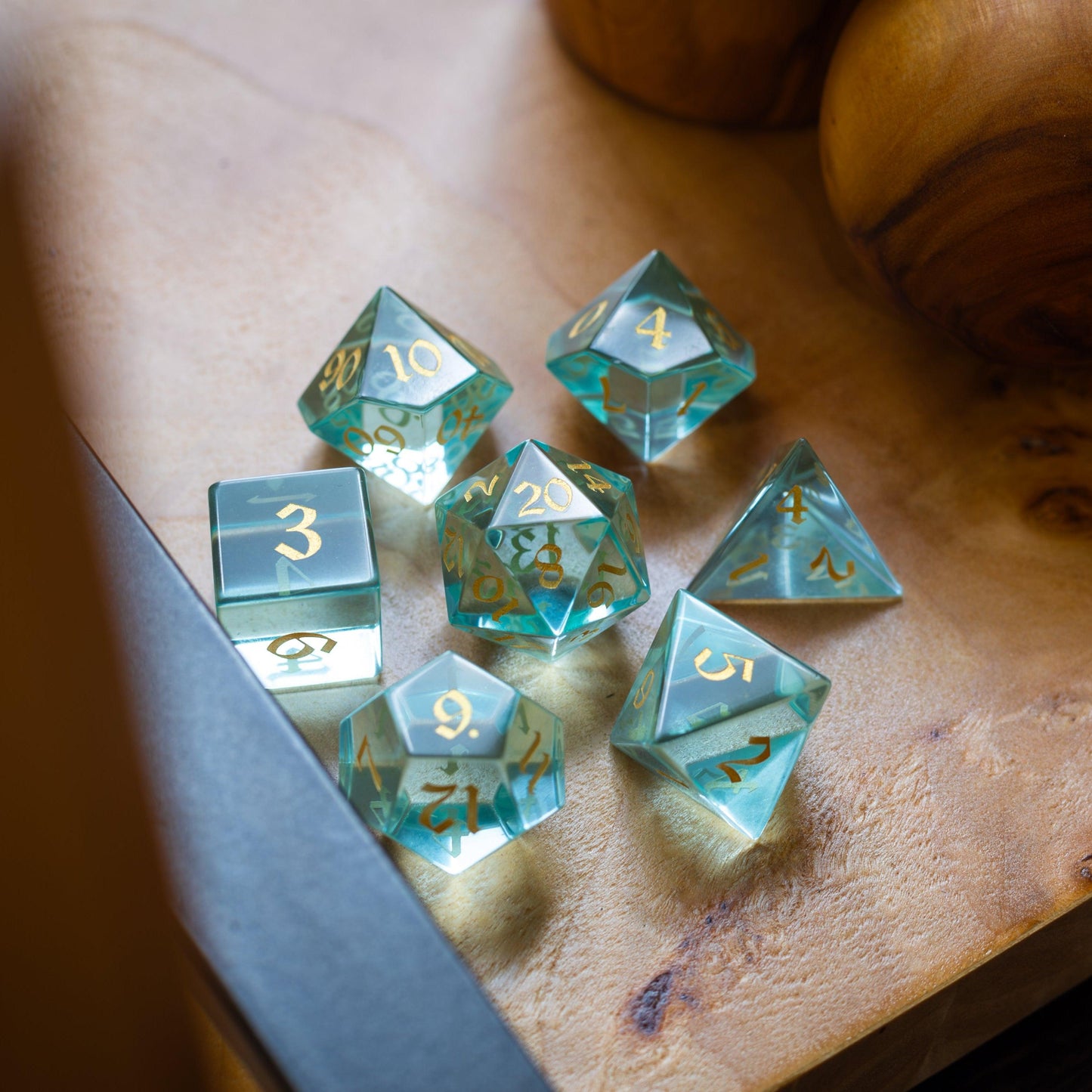 Green Water Glass Hand Carved DND Dice Set Runic Dice