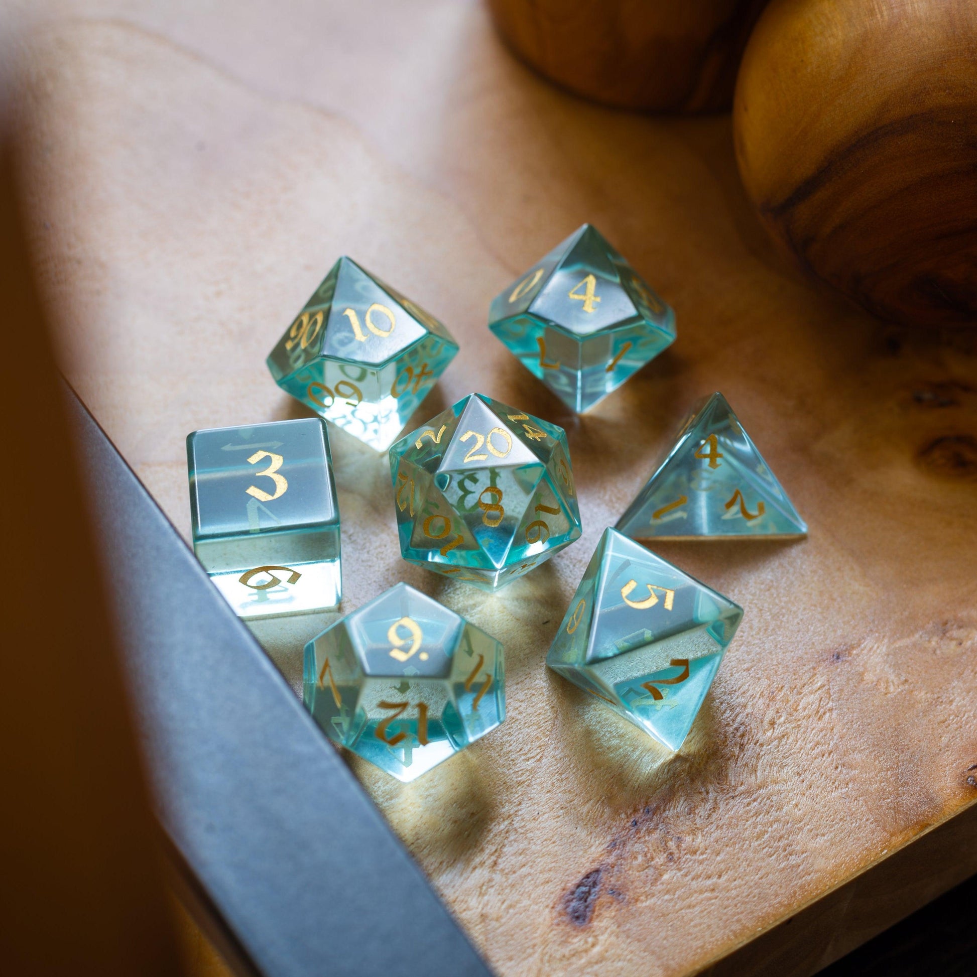 Green Water Glass Hand Carved DND Dice Set Runic Dice