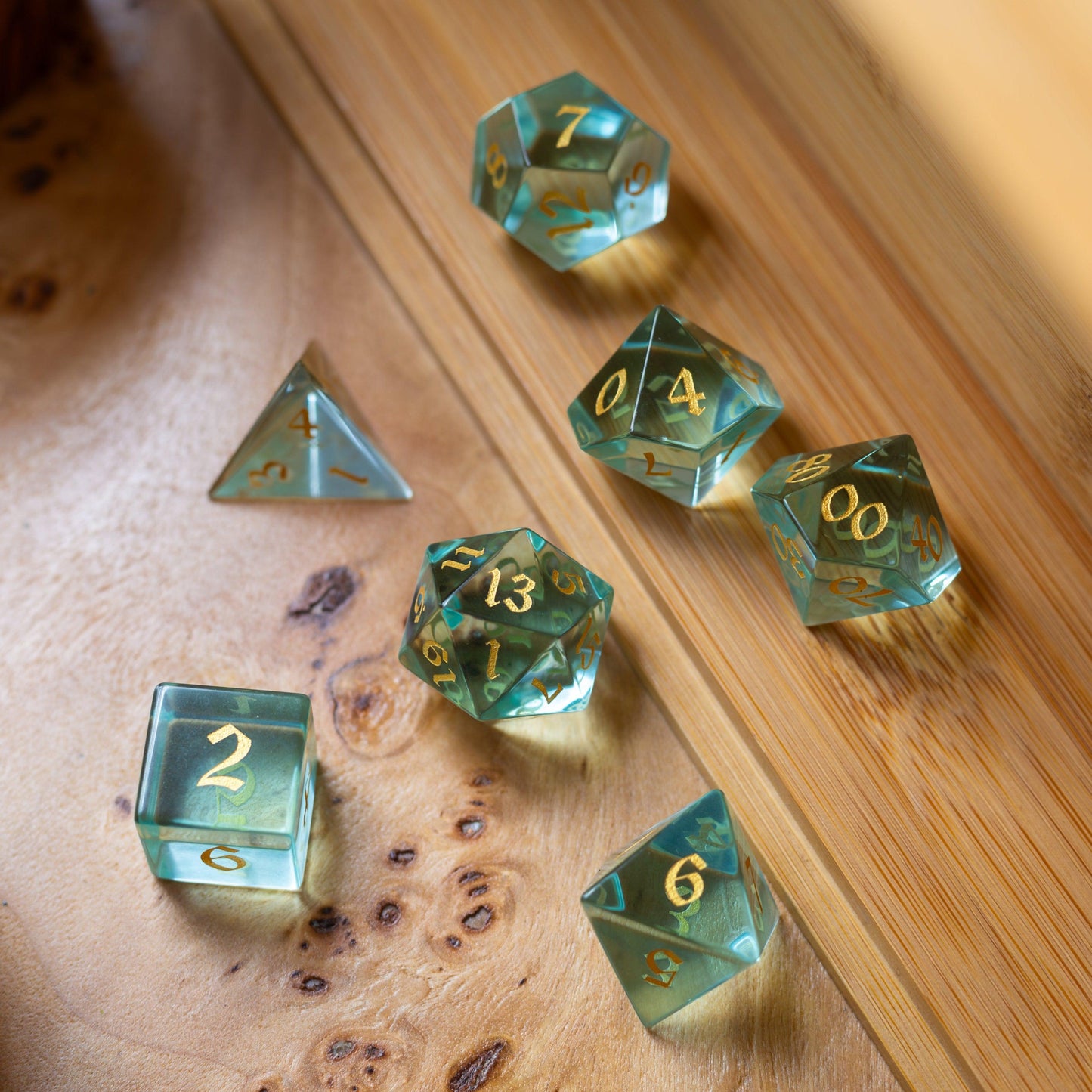 Green Water Glass Hand Carved DND Dice Set Runic Dice