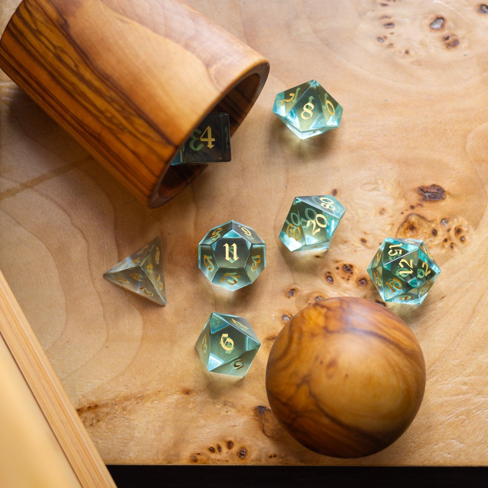 Green Water Glass Hand Carved DND Dice Set Runic Dice